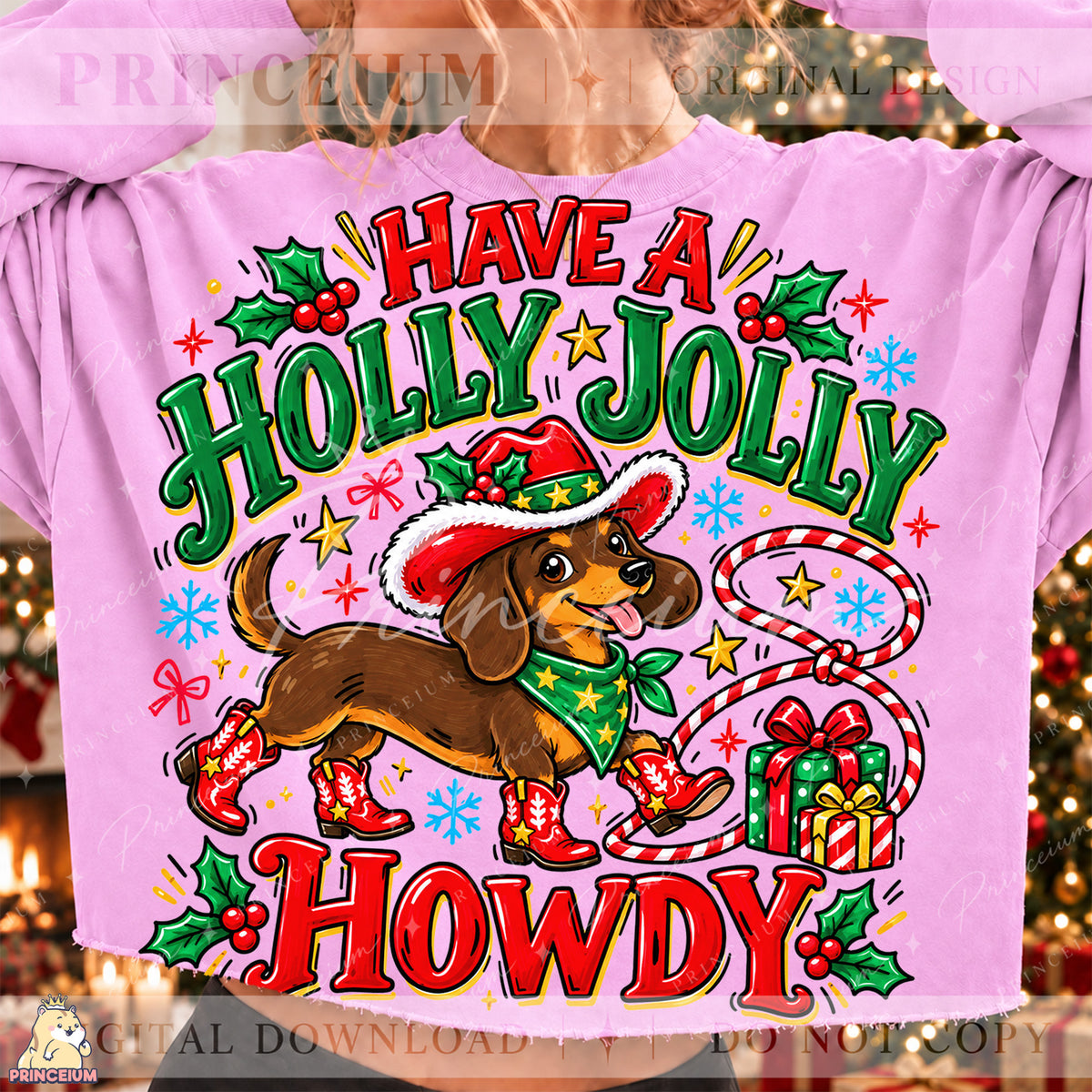 Have a Holly Jolly Howdy Christmas PNG Dachshund Cowboy Western Holiday Design
