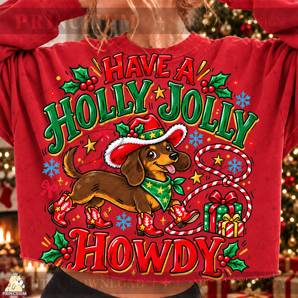 Have a Holly Jolly Howdy Christmas PNG Dachshund Cowboy Western Holiday Design