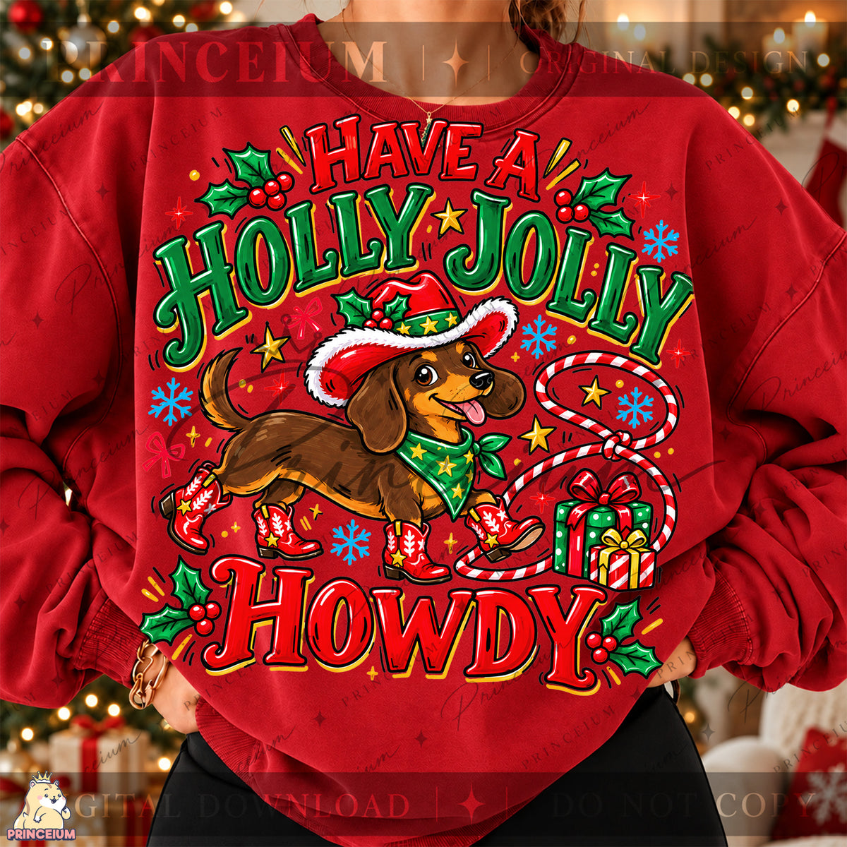 Have a Holly Jolly Howdy Christmas PNG Dachshund Cowboy Western Holiday Design