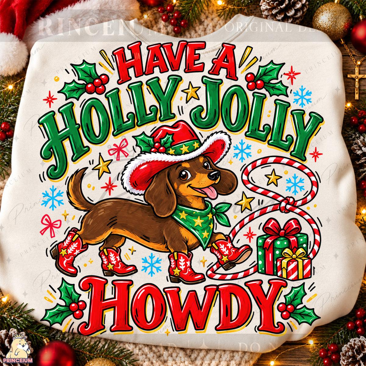 Have a Holly Jolly Howdy Christmas PNG Dachshund Cowboy Western Holiday Design