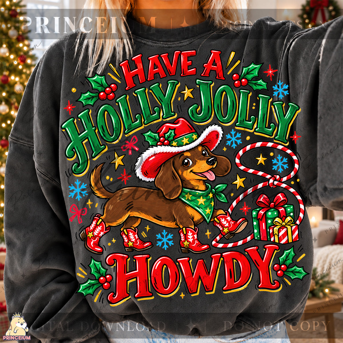 Have a Holly Jolly Howdy Christmas PNG Dachshund Cowboy Western Holiday Design