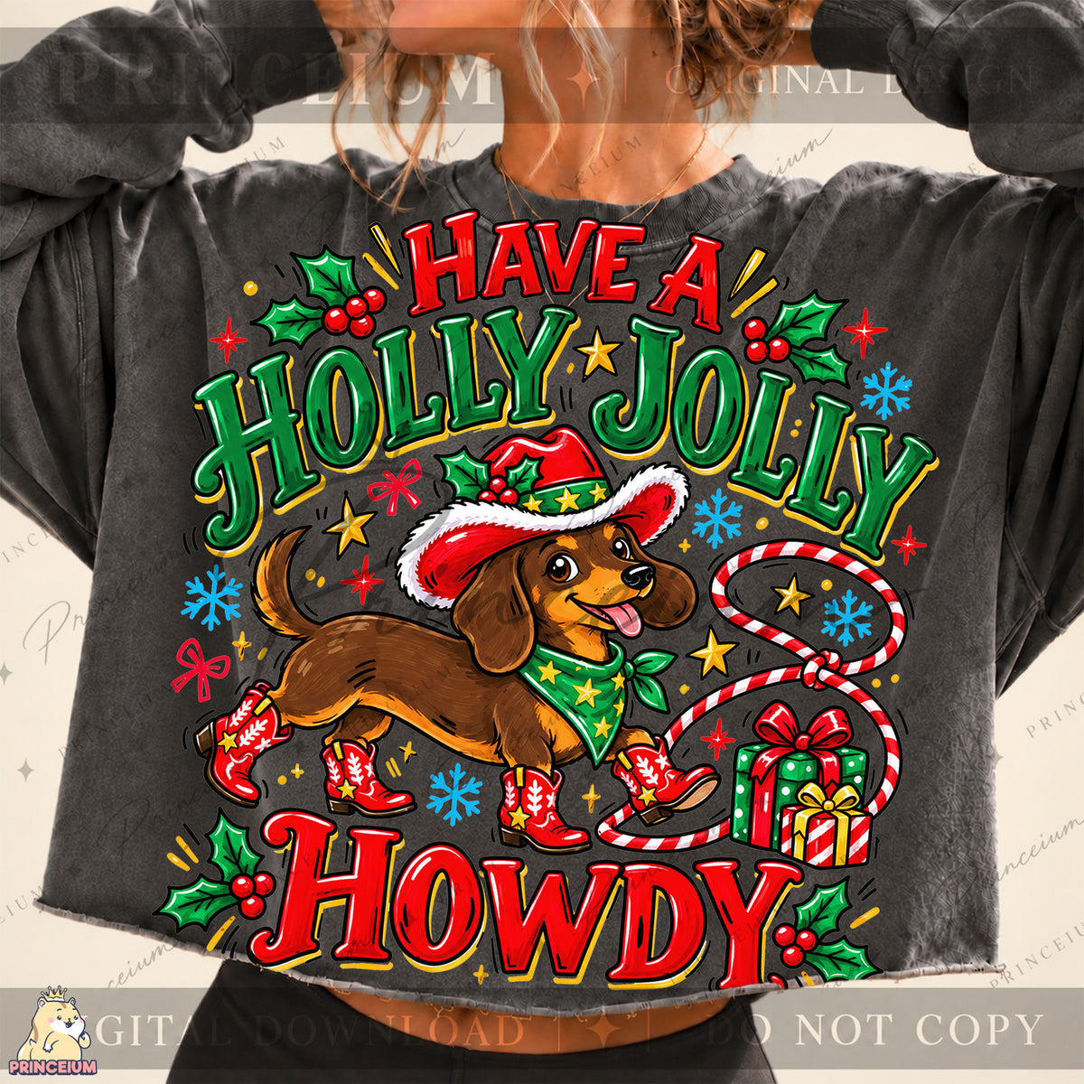 Have a Holly Jolly Howdy Christmas PNG Dachshund Cowboy Western Holiday Design