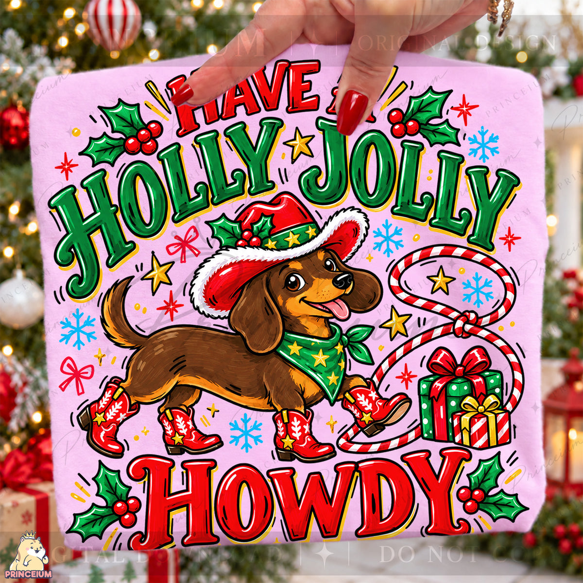 Have a Holly Jolly Howdy Christmas PNG Dachshund Cowboy Western Holiday Design