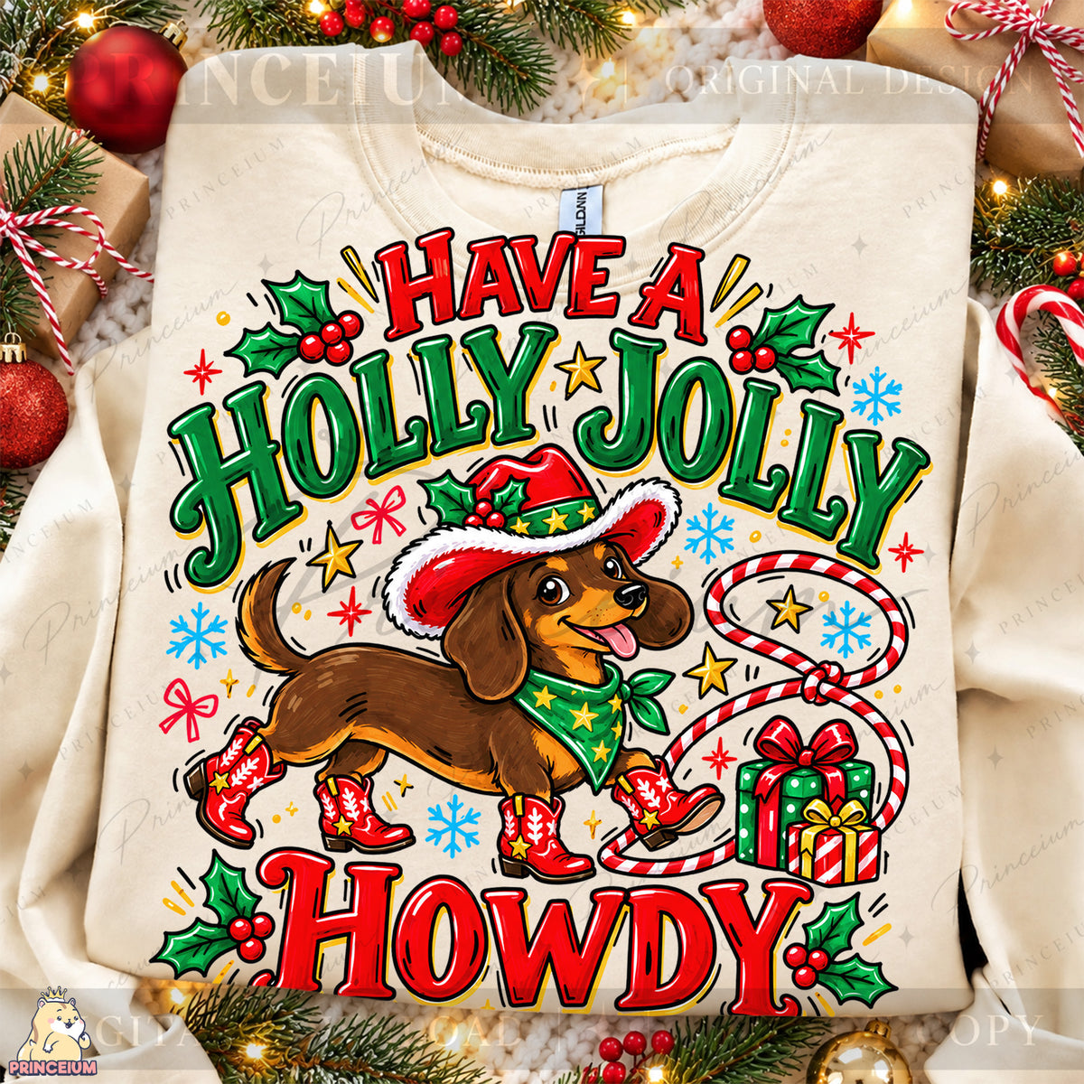 Have a Holly Jolly Howdy Christmas PNG Dachshund Cowboy Western Holiday Design