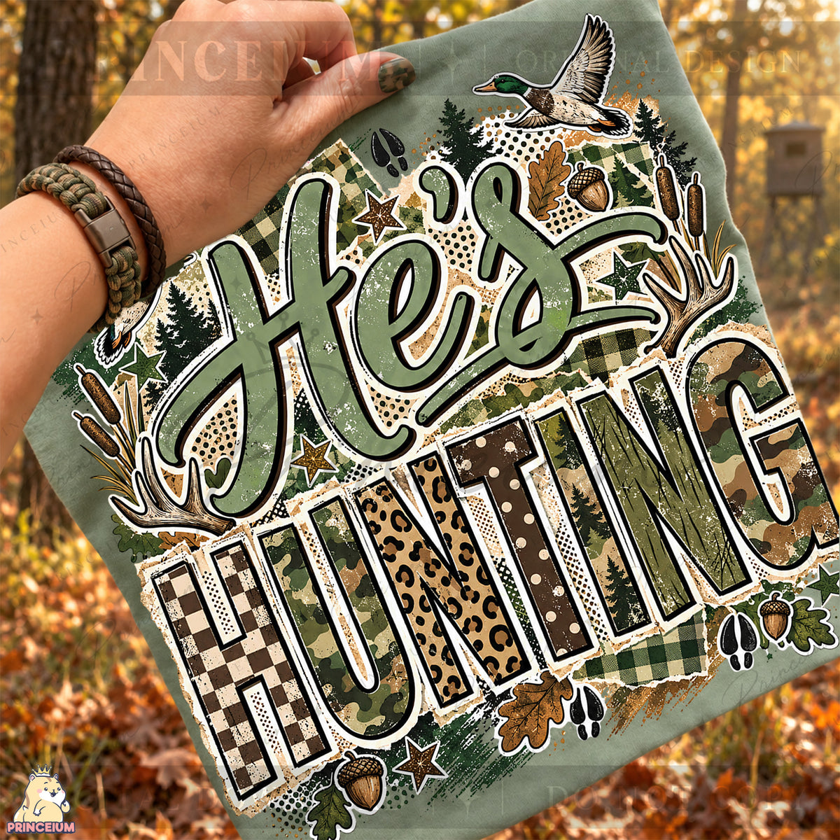 He’s Hunting PNG Camo Lettering Ducks & Antlers Rustic Fall Design