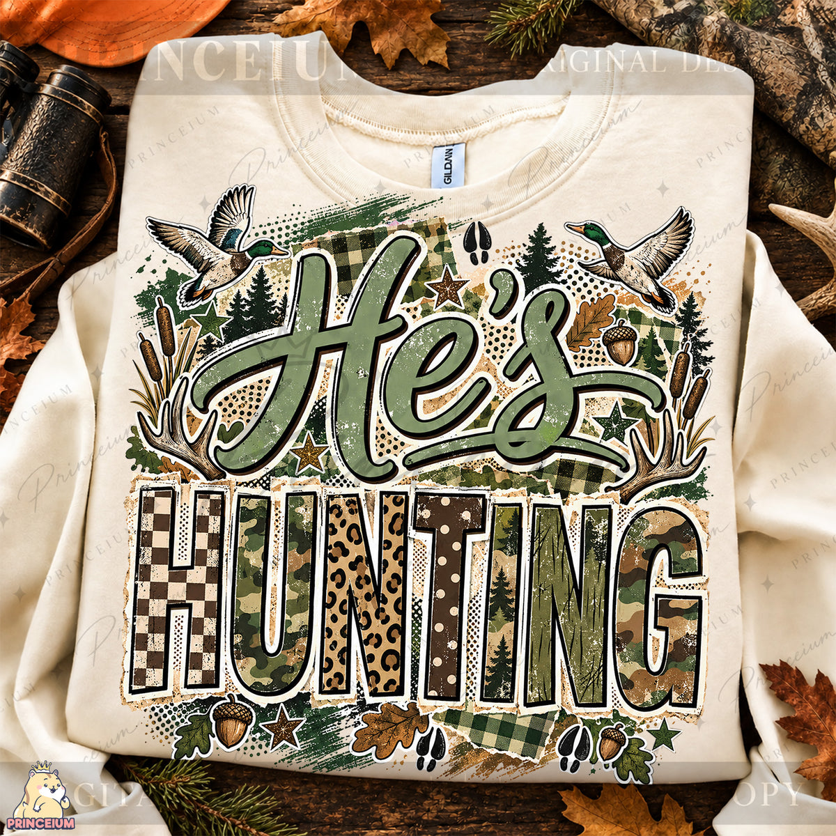 He’s Hunting PNG Camo Lettering Ducks & Antlers Rustic Fall Design