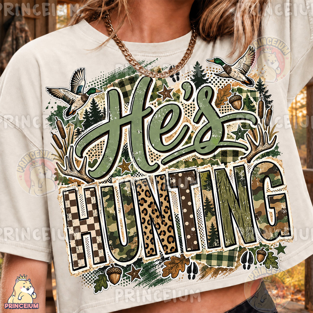 He’s Hunting PNG Camo Lettering Ducks & Antlers Rustic Fall Design