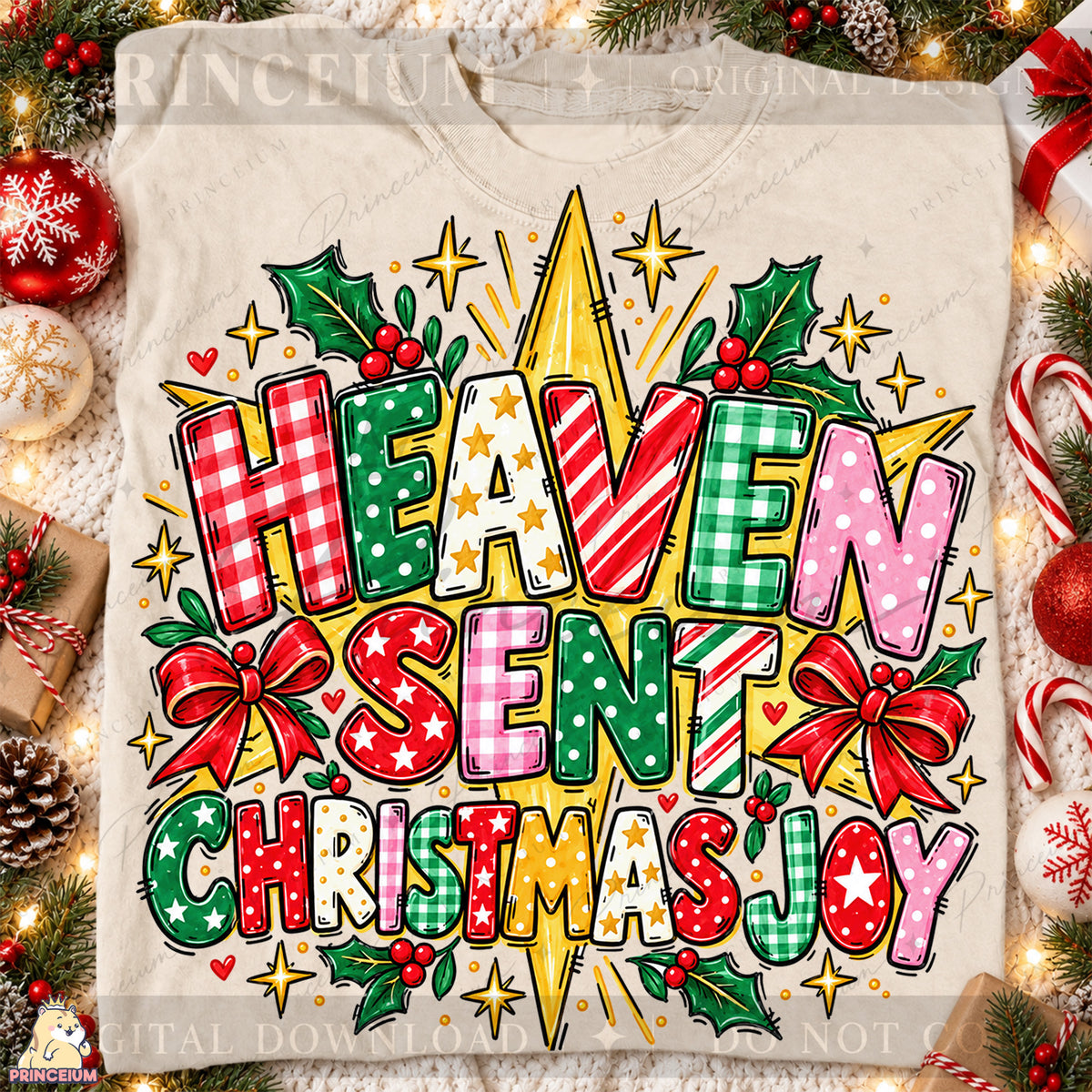 Heaven Sent Christmas Joy PNG Stars & Bows Preppy Christian Holiday Design