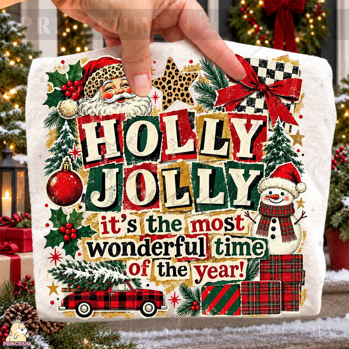 Holly Jolly Christmas PNG Santa & Snowman Vintage Holiday Design