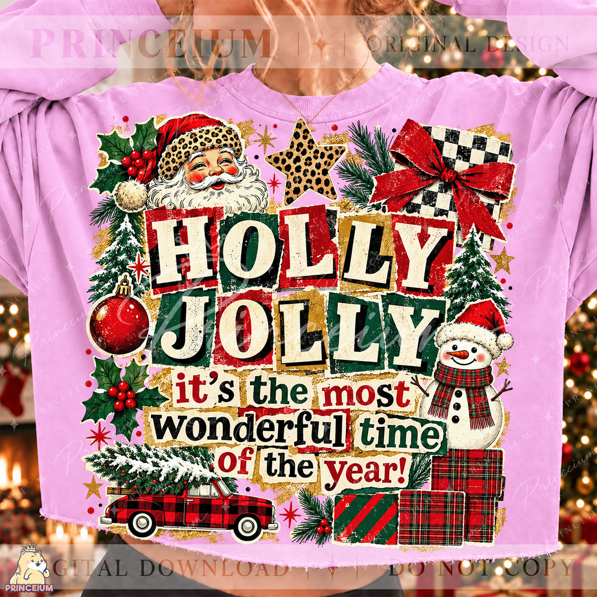 Holly Jolly Christmas PNG Santa & Snowman Vintage Holiday Design