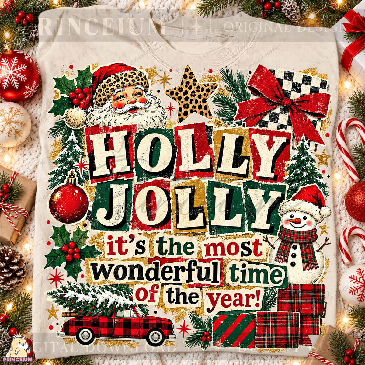 Holly Jolly Christmas PNG Santa & Snowman Vintage Holiday Design