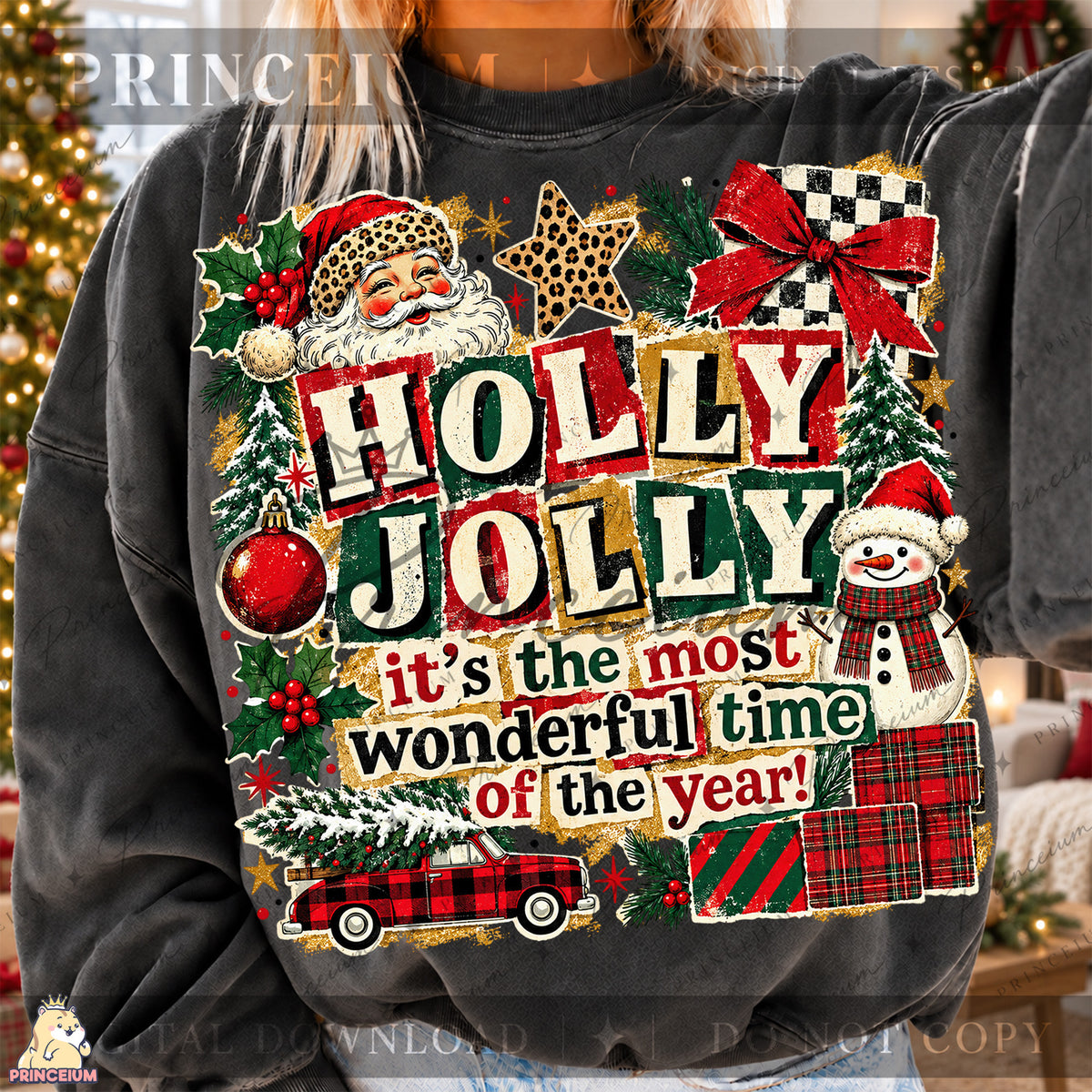 Holly Jolly Christmas PNG Santa & Snowman Vintage Holiday Design