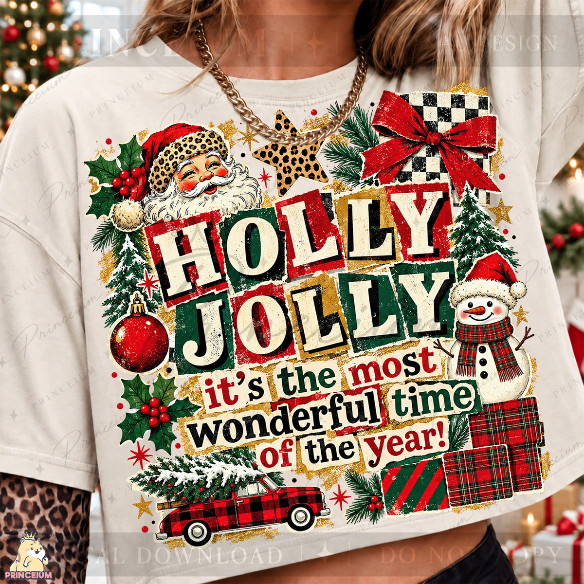 Holly Jolly Christmas PNG Santa & Snowman Vintage Holiday Design