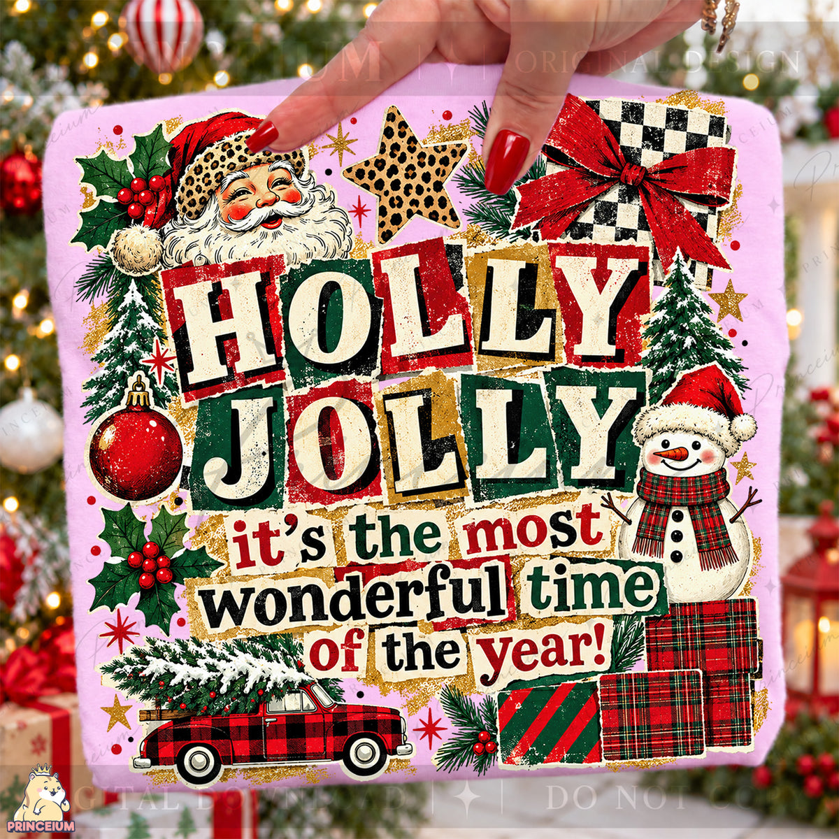Holly Jolly Christmas PNG Santa & Snowman Vintage Holiday Design