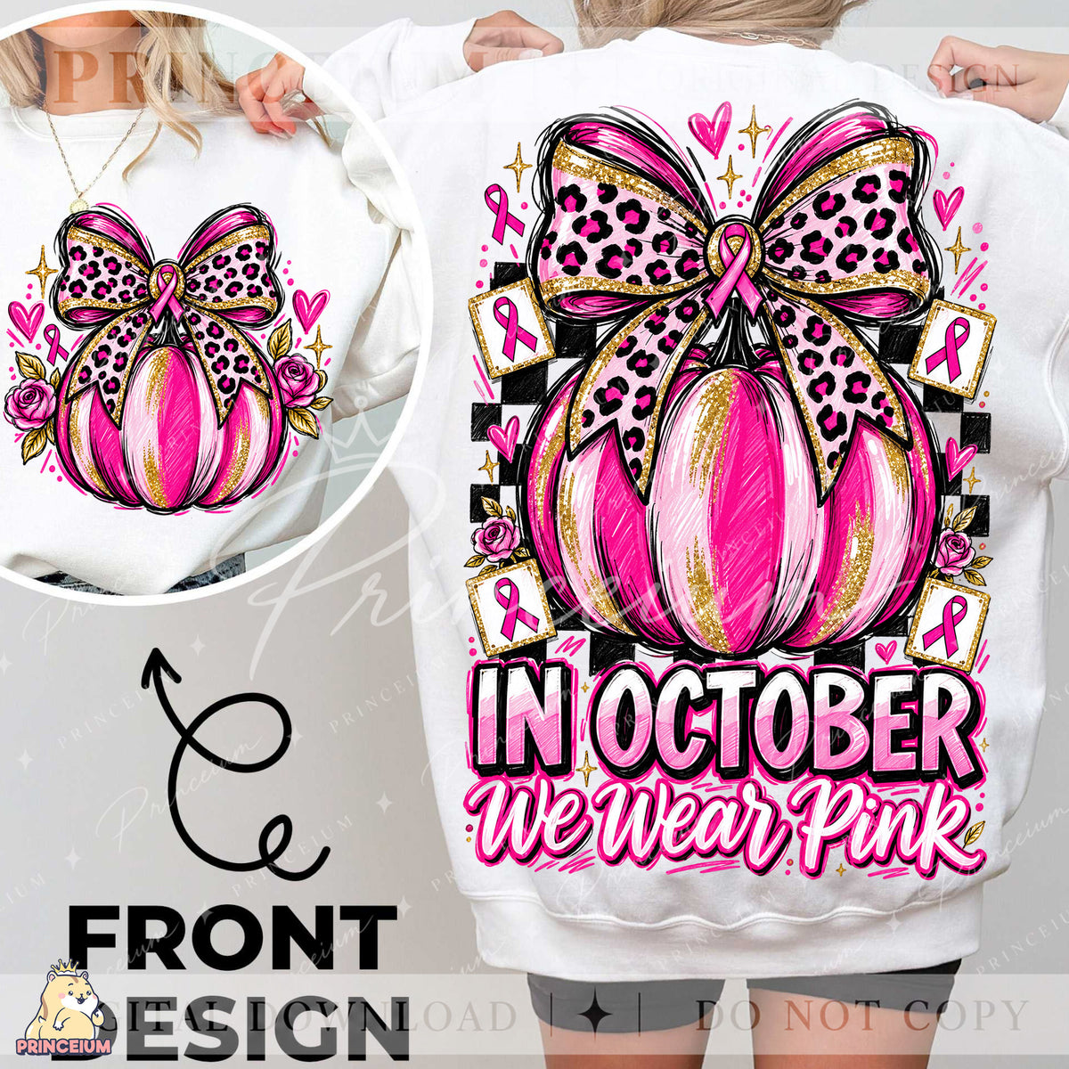 In October We Wear Pink PNG Pumpkin & Leopard Bow Breast Cancer Awareness Front & Back Design