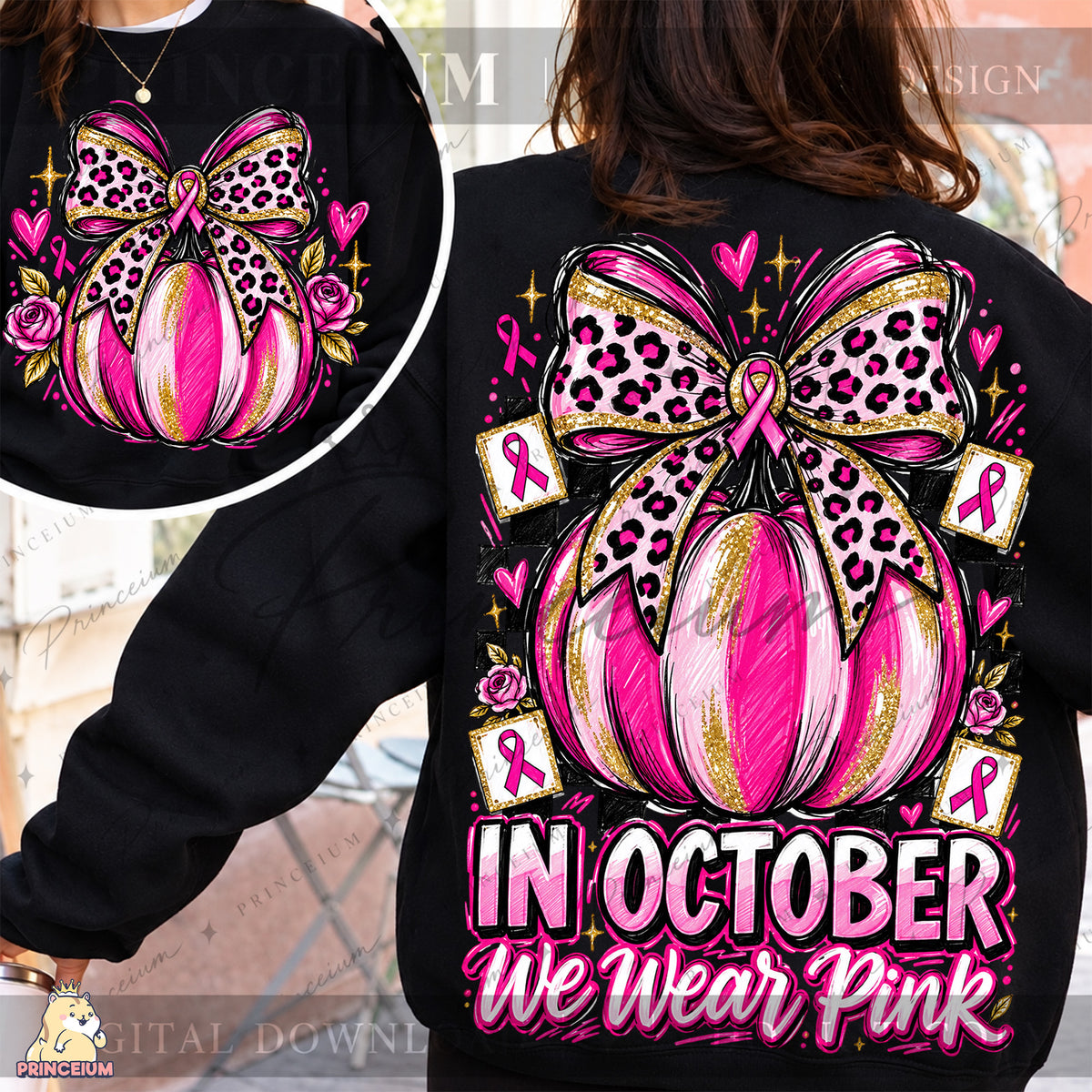 In October We Wear Pink PNG Pumpkin & Leopard Bow Breast Cancer Awareness Front & Back Design