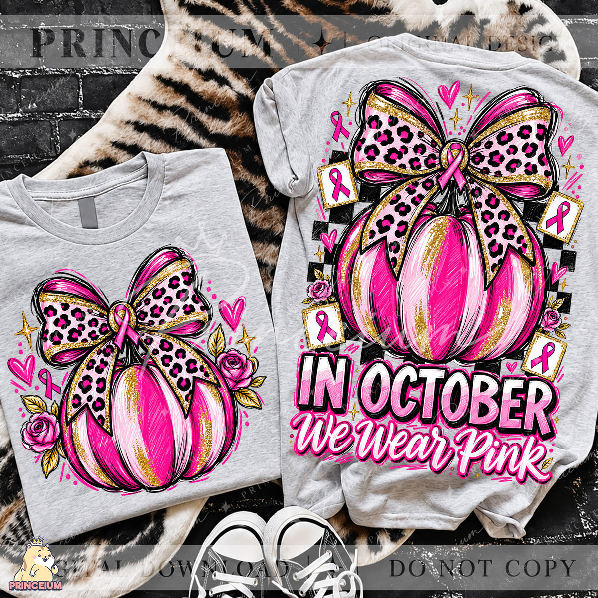 In October We Wear Pink PNG Pumpkin & Leopard Bow Breast Cancer Awareness Front & Back Design
