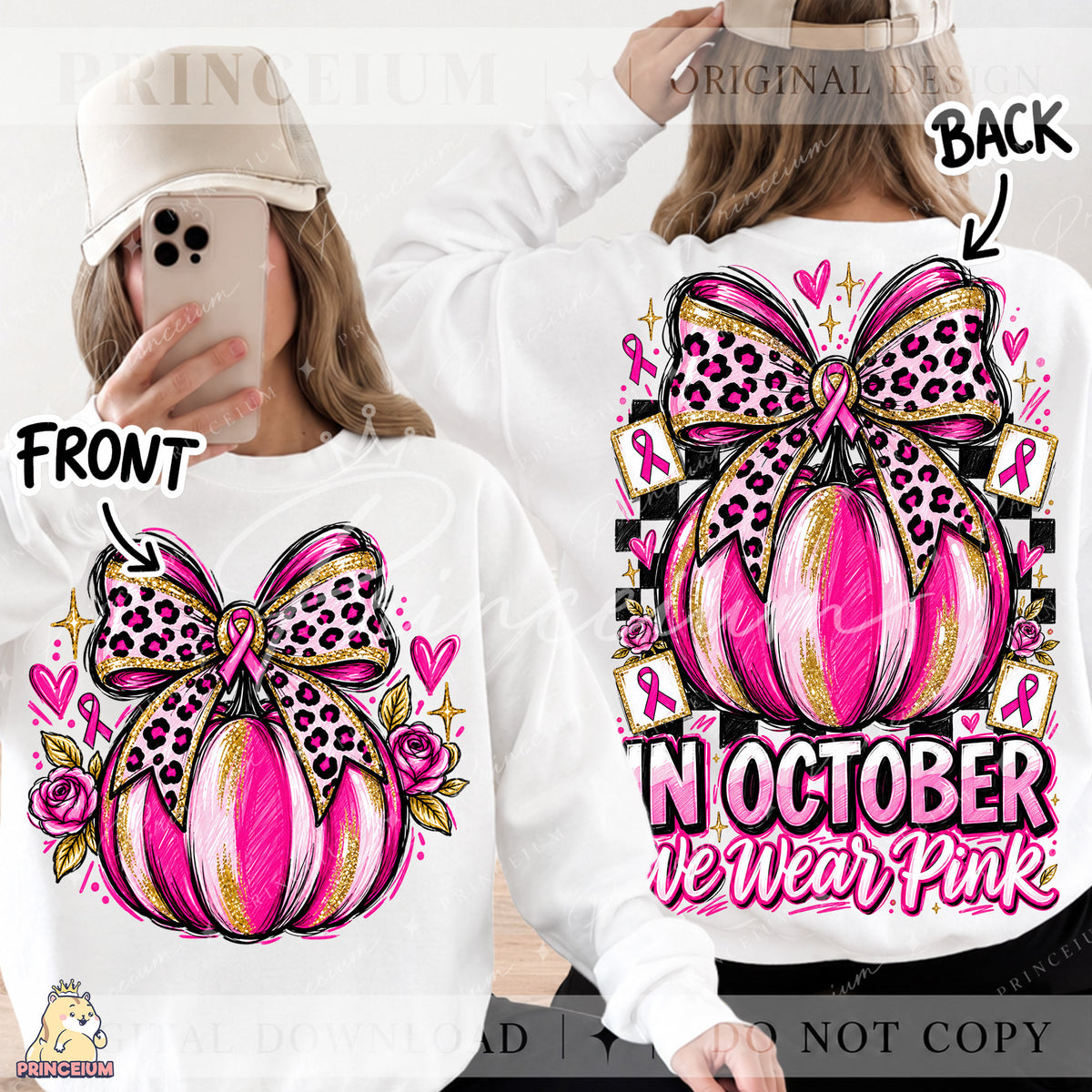 In October We Wear Pink PNG Pumpkin & Leopard Bow Breast Cancer Awareness Front & Back Design