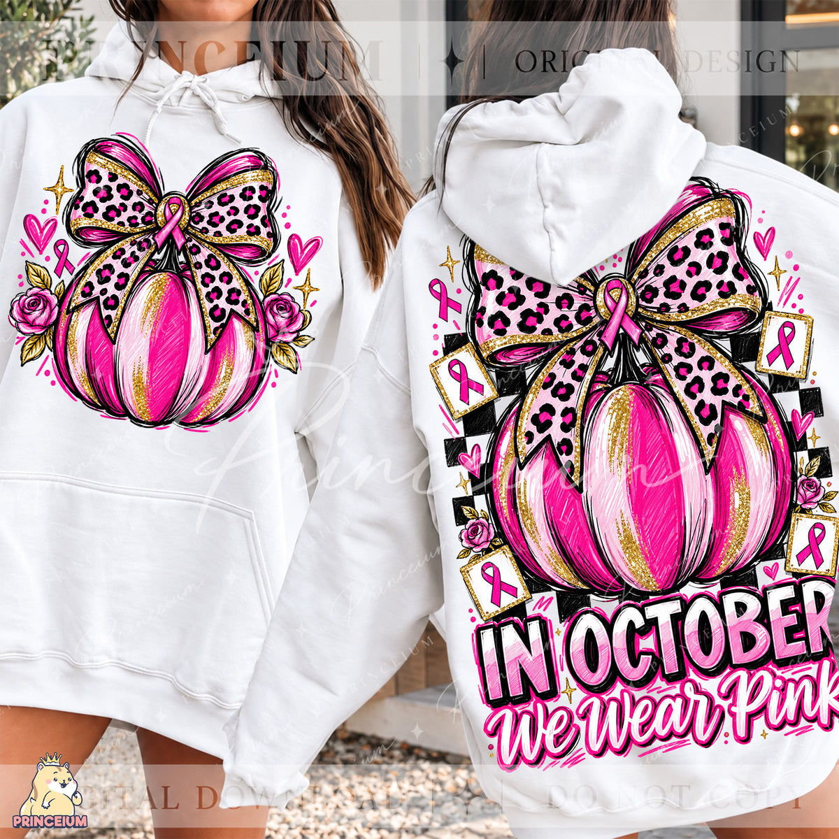 In October We Wear Pink PNG Pumpkin & Leopard Bow Breast Cancer Awareness Front & Back Design