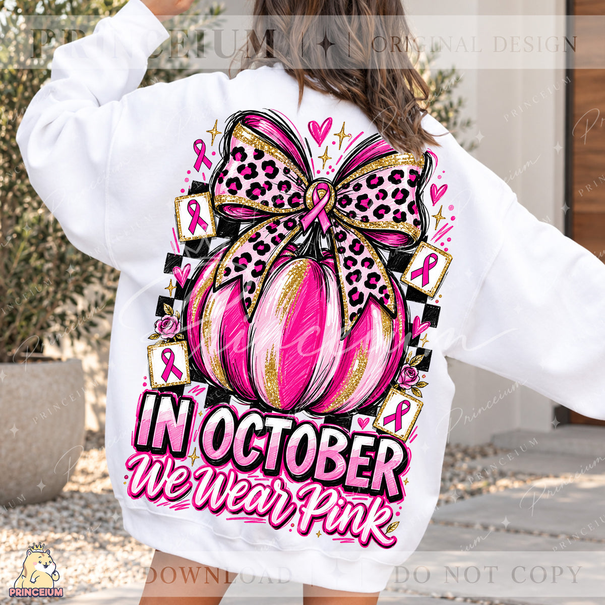 In October We Wear Pink PNG Pumpkin & Leopard Bow Breast Cancer Awareness Front & Back Design