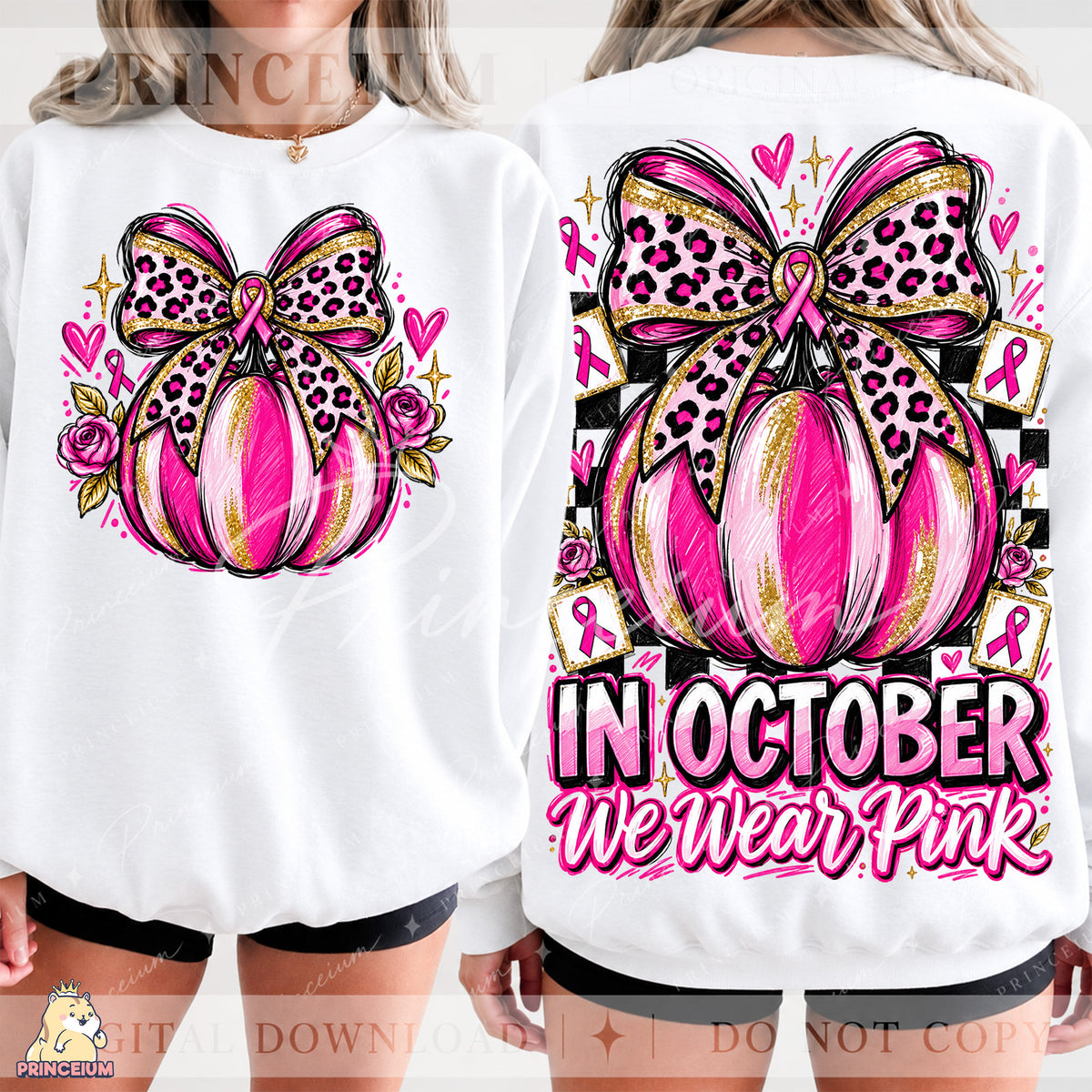 In October We Wear Pink PNG Pumpkin & Leopard Bow Breast Cancer Awareness Front & Back Design