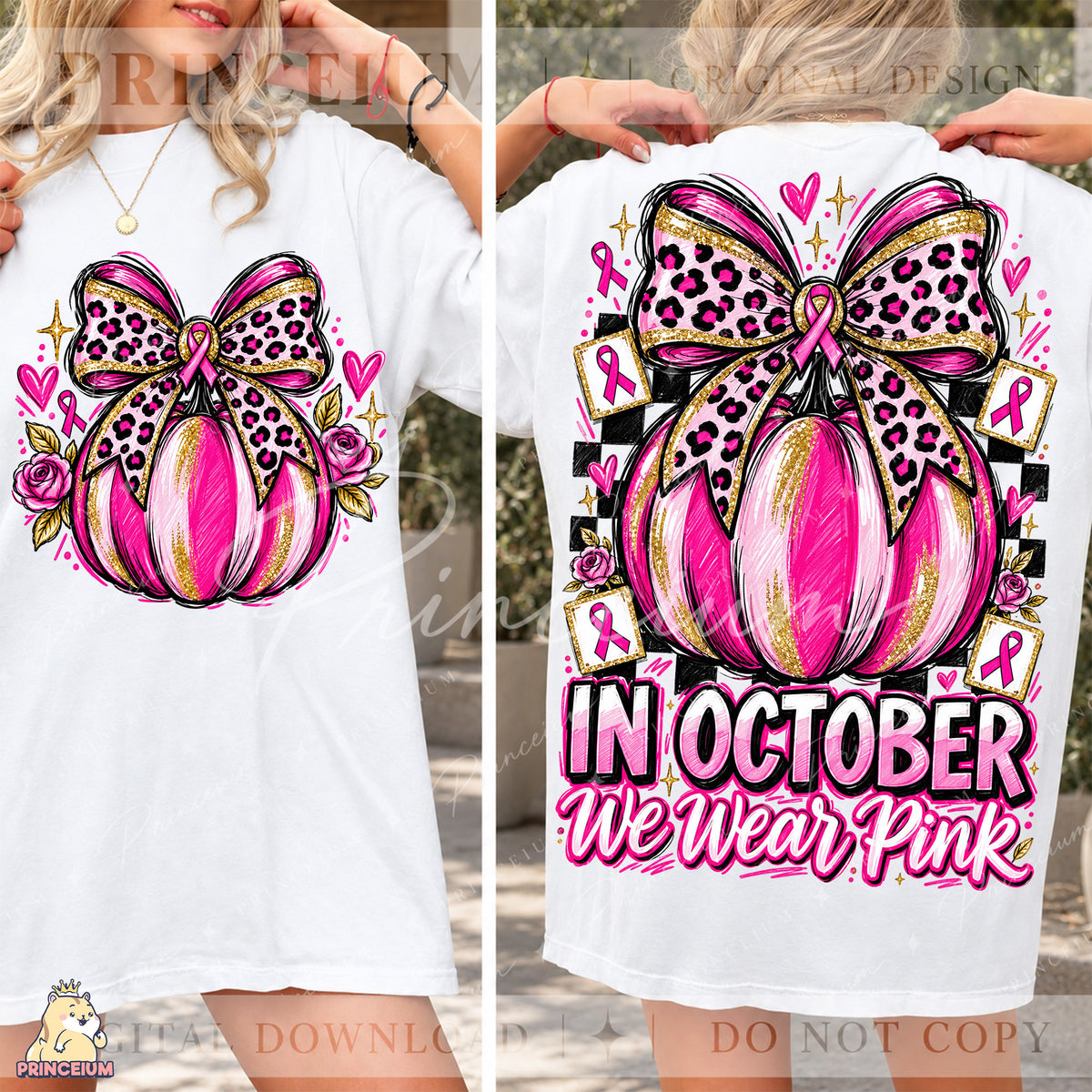 In October We Wear Pink PNG Pumpkin & Leopard Bow Breast Cancer Awareness Front & Back Design