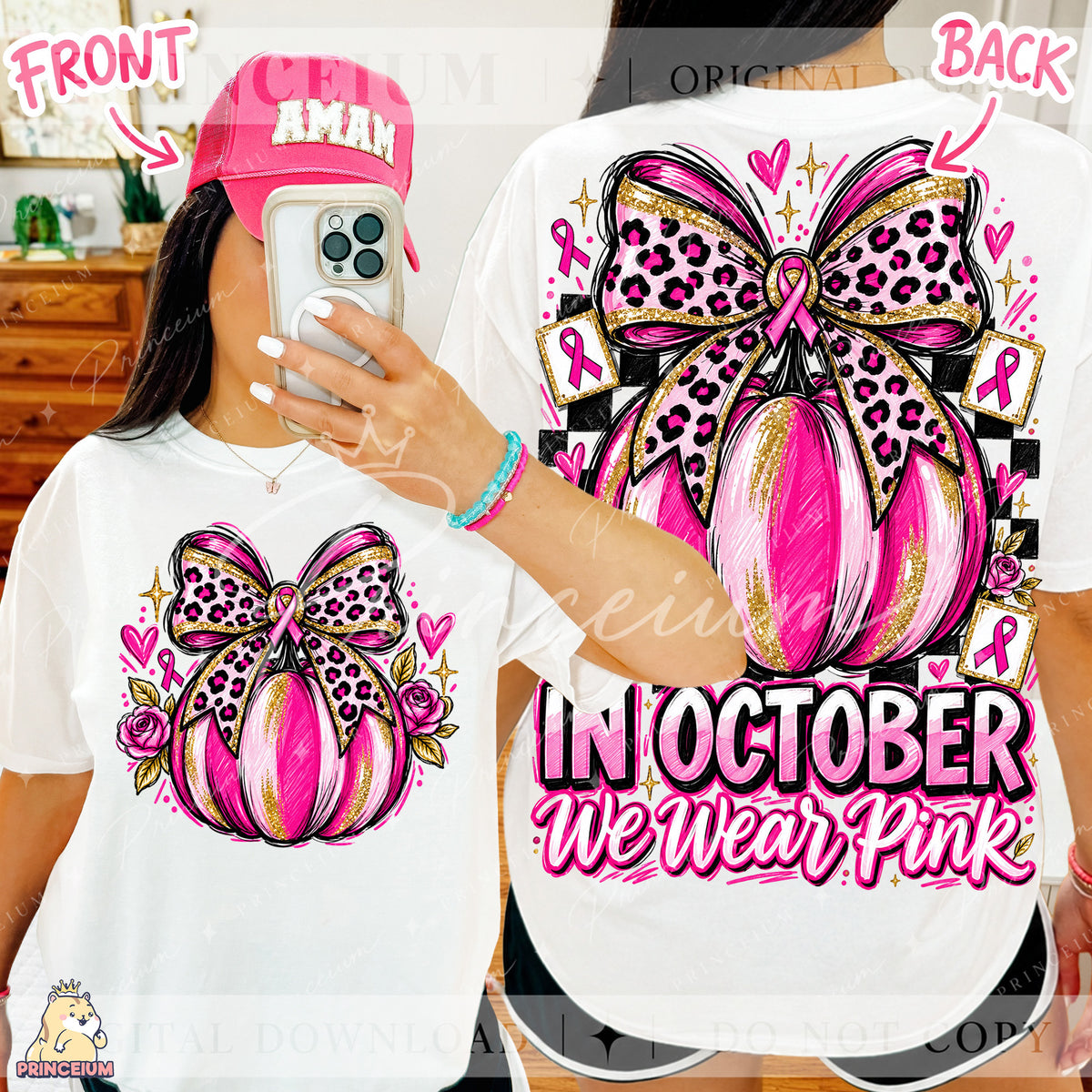 In October We Wear Pink PNG Pumpkin & Leopard Bow Breast Cancer Awareness Front & Back Design