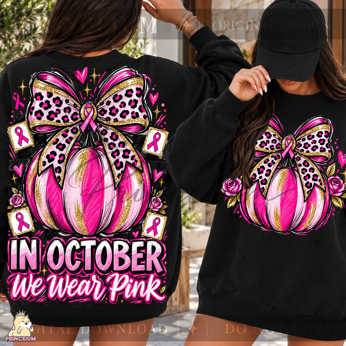 In October We Wear Pink PNG Pumpkin & Leopard Bow Breast Cancer Awareness Front & Back Design