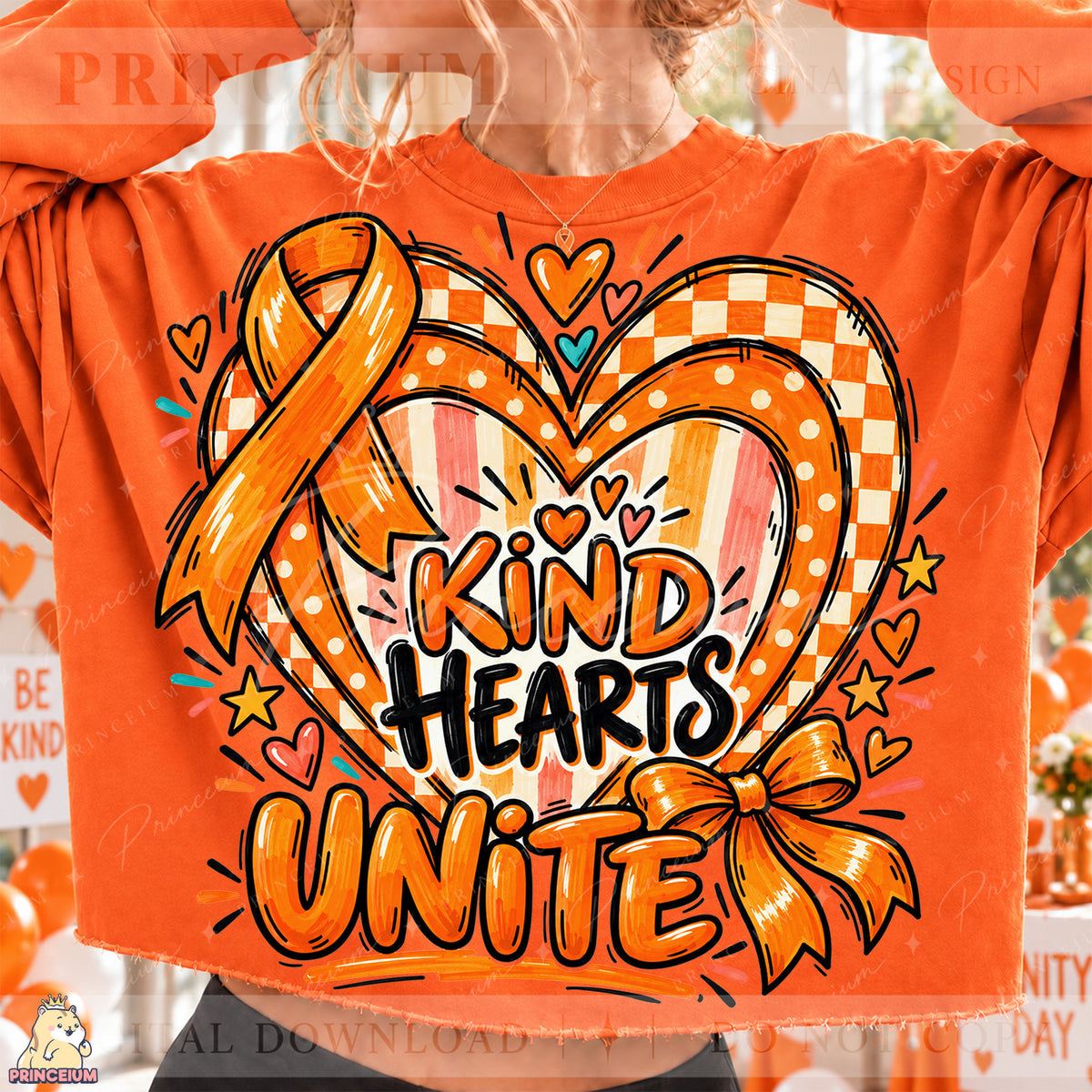 Kind Hearts Unite PNG – Orange Heart and Bow Unity Day Design | Instant Digital Download