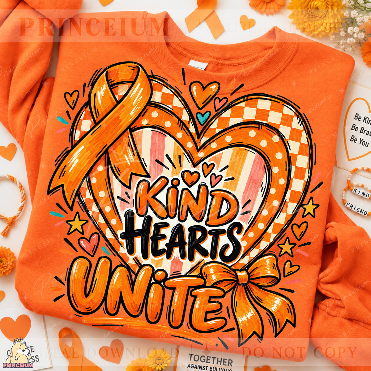 Kind Hearts Unite PNG – Orange Heart and Bow Unity Day Design | Instant Digital Download