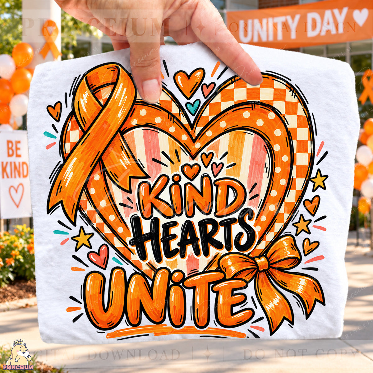 Kind Hearts Unite PNG – Orange Heart and Bow Unity Day Design | Instant Digital Download