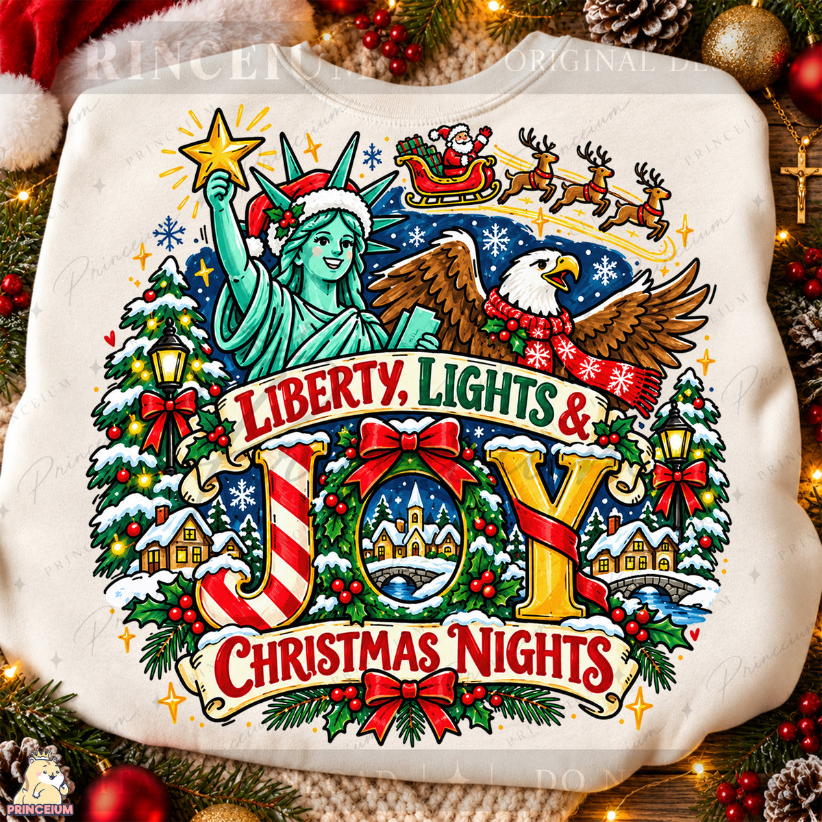 Liberty Lights & Joy Christmas PNG Statue of Liberty & Eagle Patriotic Holiday Design
