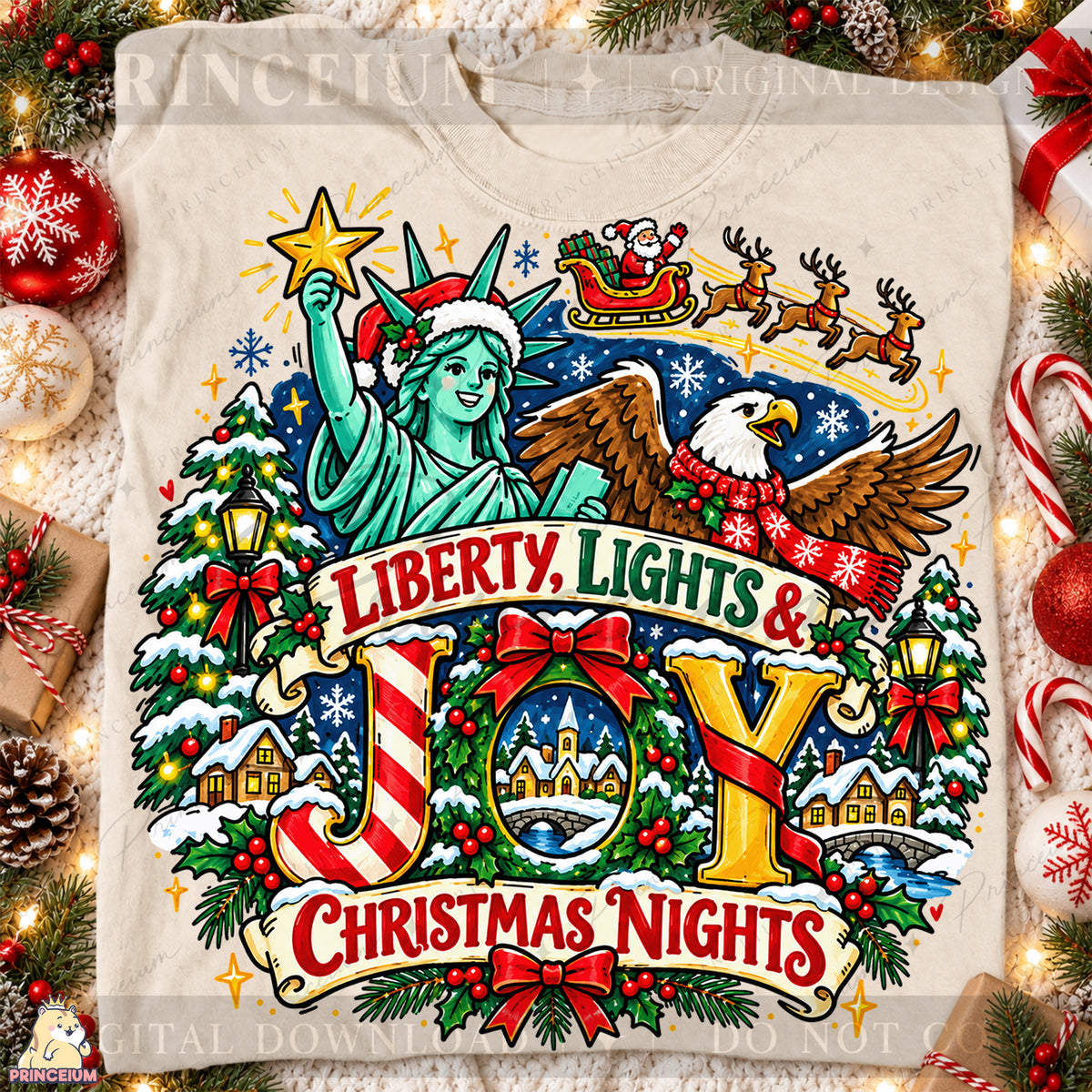 Liberty Lights & Joy Christmas PNG Statue of Liberty & Eagle Patriotic Holiday Design