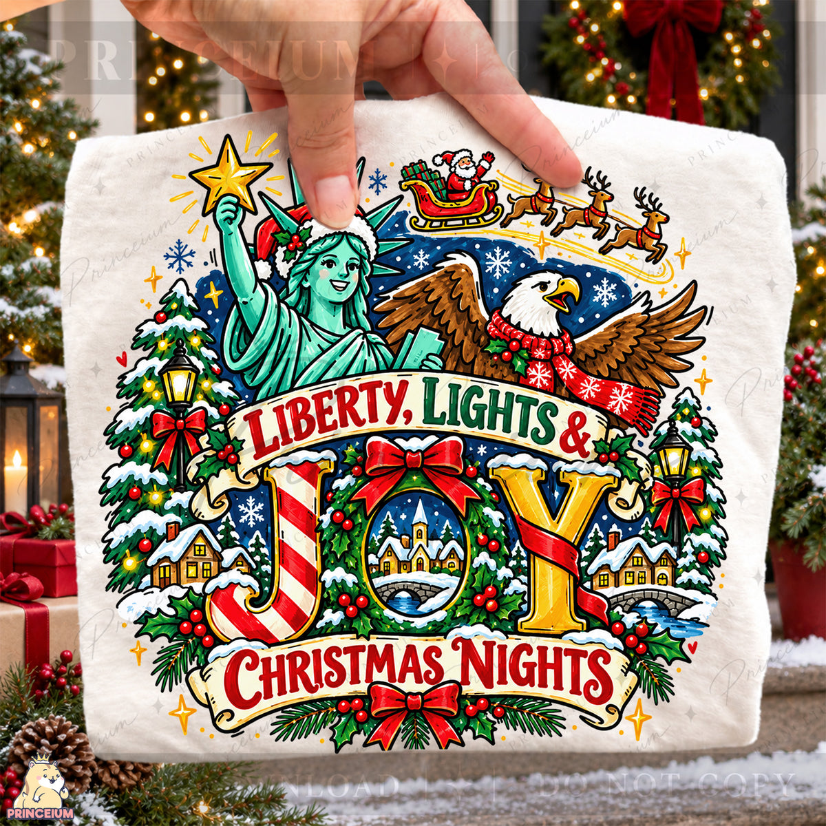 Liberty Lights & Joy Christmas PNG Statue of Liberty & Eagle Patriotic Holiday Design