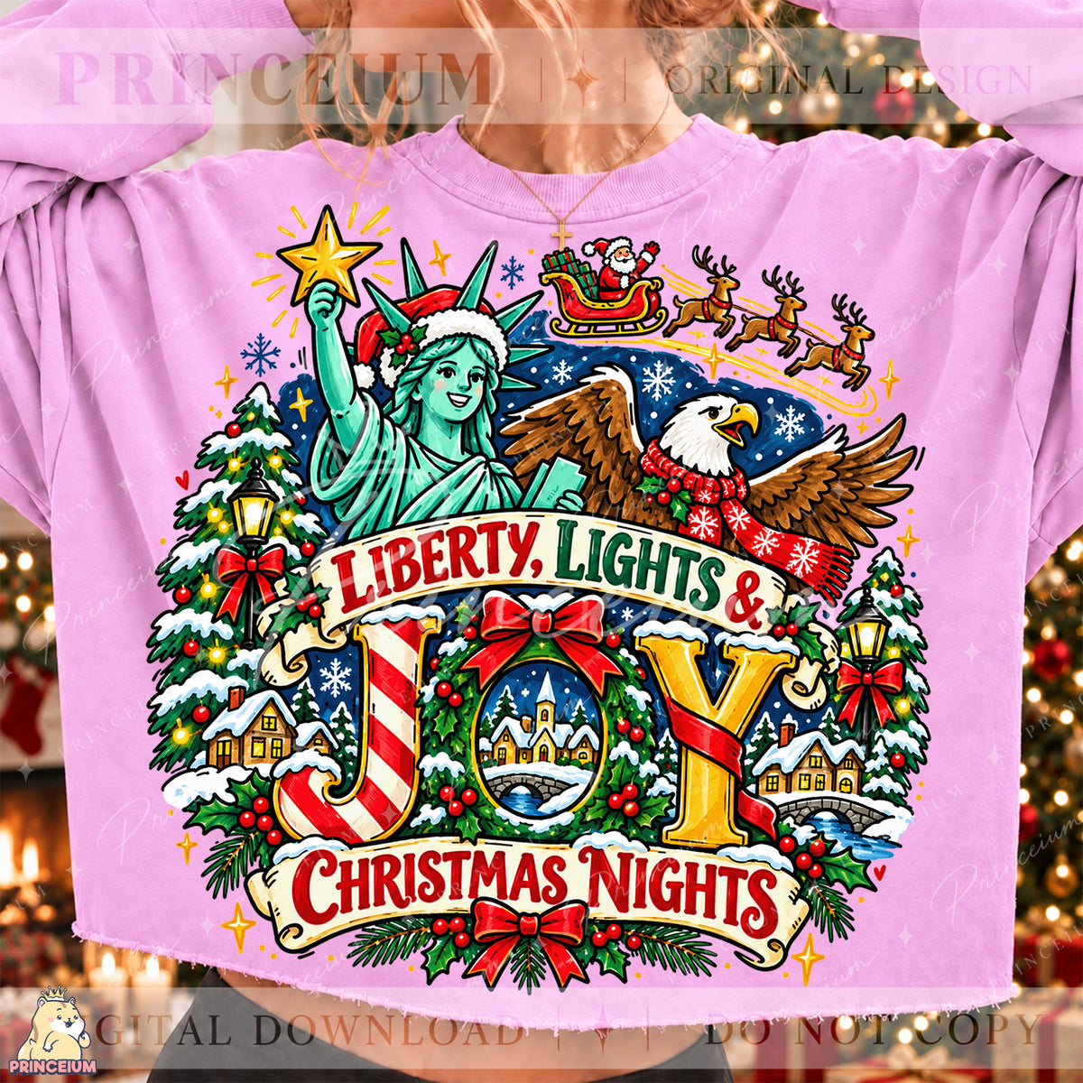Liberty Lights & Joy Christmas PNG Statue of Liberty & Eagle Patriotic Holiday Design