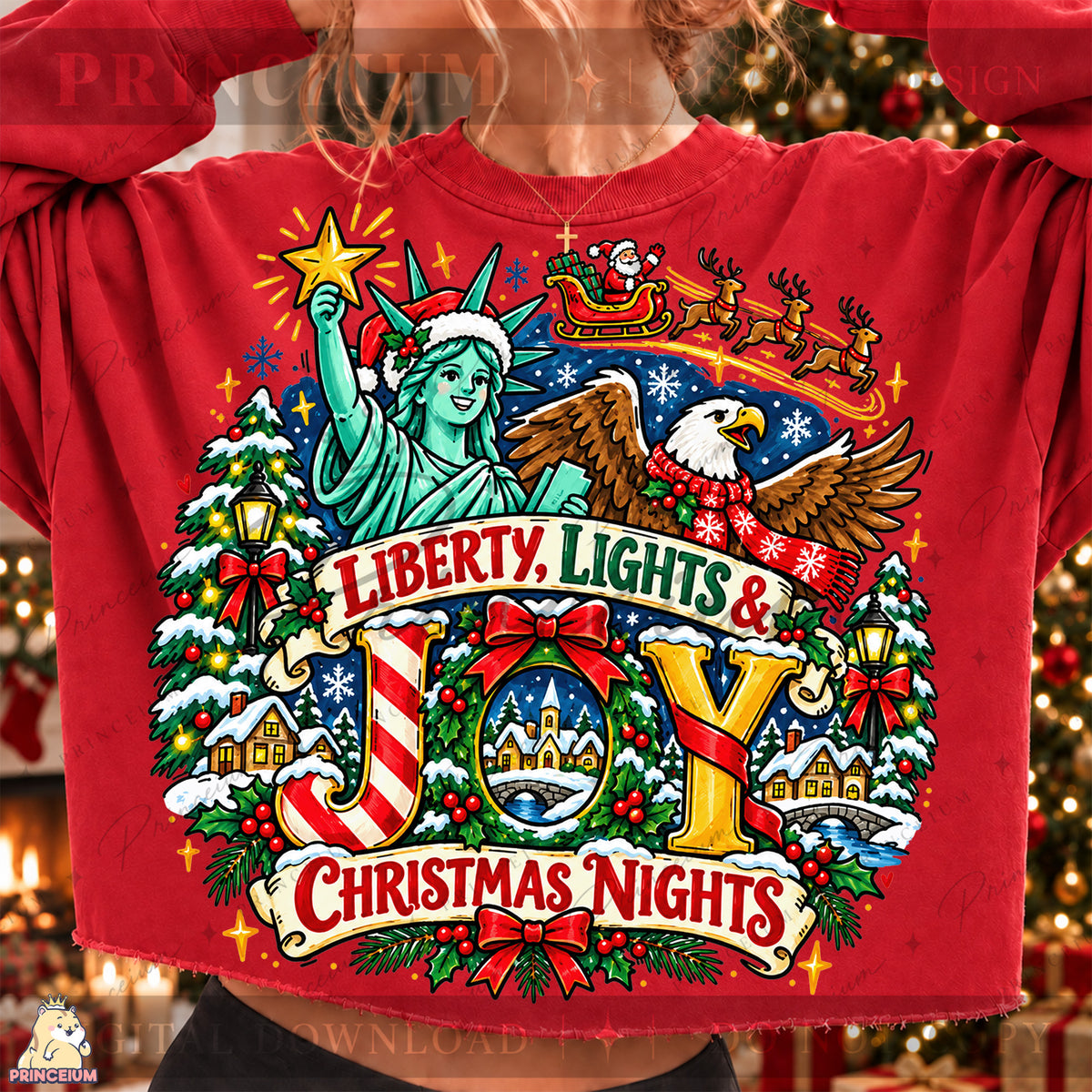 Liberty Lights & Joy Christmas PNG Statue of Liberty & Eagle Patriotic Holiday Design