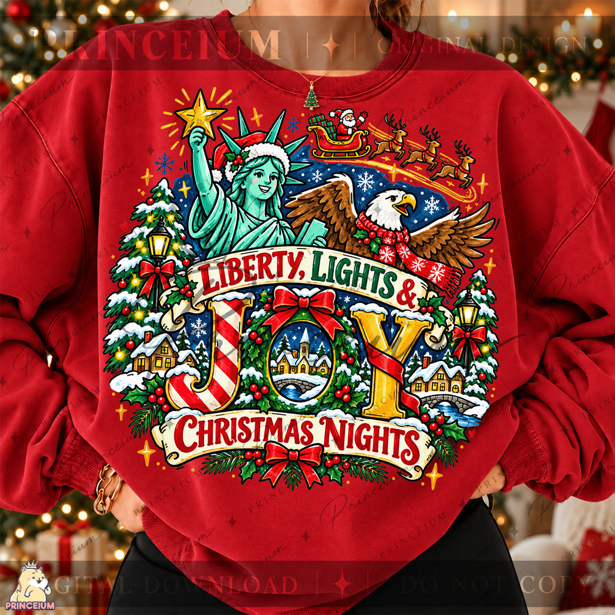 Liberty Lights & Joy Christmas PNG Statue of Liberty & Eagle Patriotic Holiday Design
