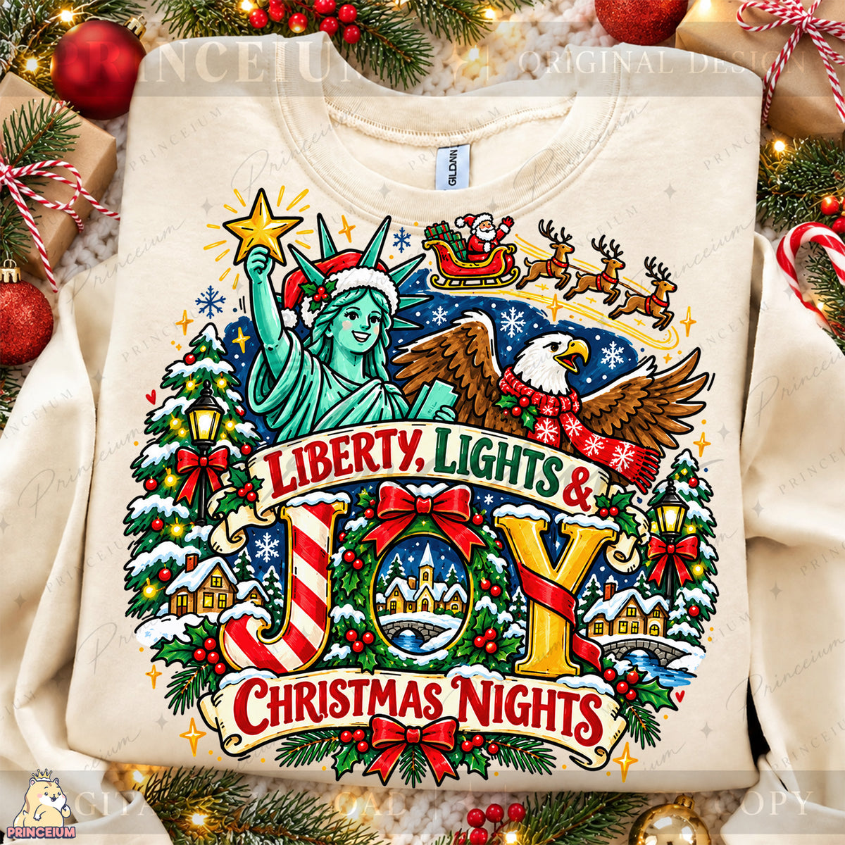 Liberty Lights & Joy Christmas PNG Statue of Liberty & Eagle Patriotic Holiday Design