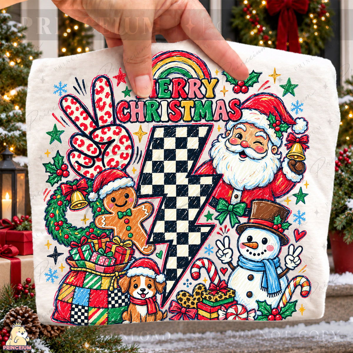 Merry Christmas PNG Santa & Snowman Checkered Lightning Bolt Preppy Holiday Design
