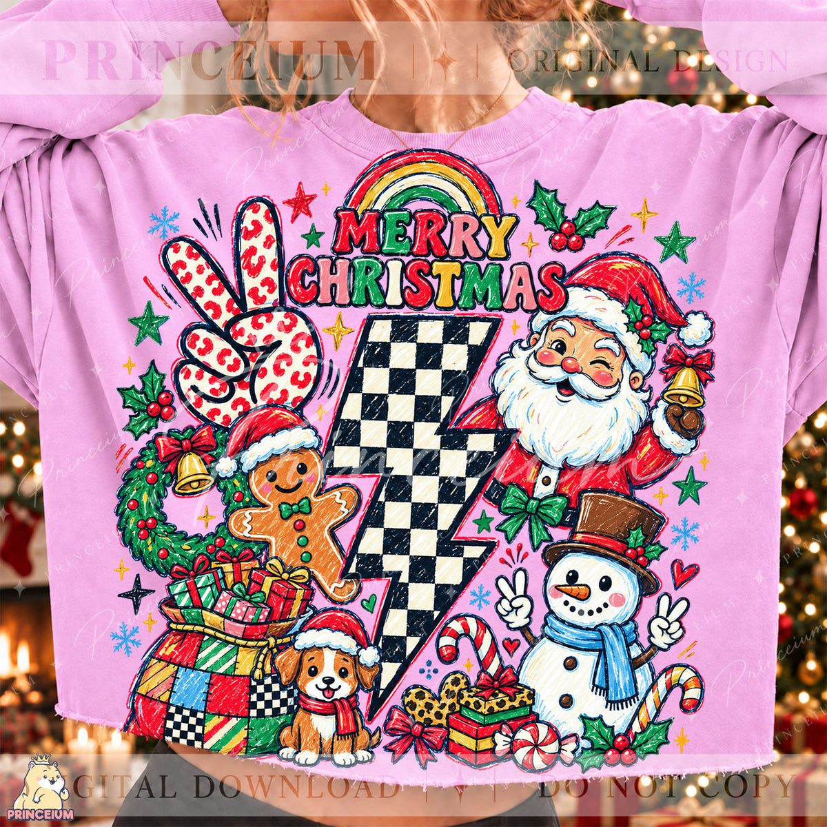 Merry Christmas PNG Santa & Snowman Checkered Lightning Bolt Preppy Holiday Design