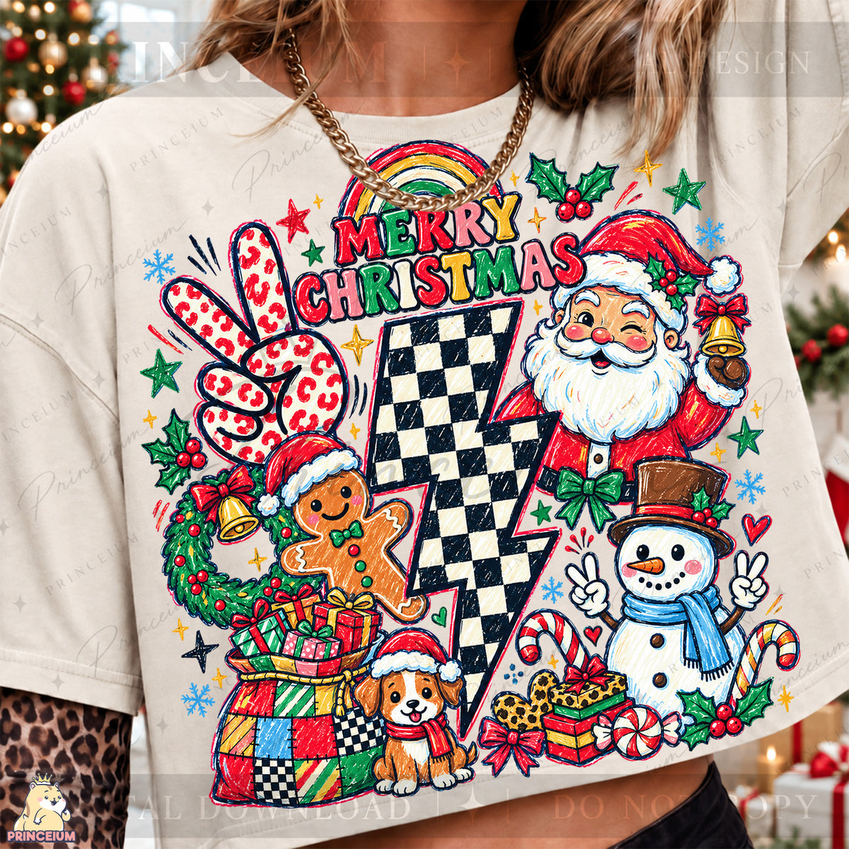 Merry Christmas PNG Santa & Snowman Checkered Lightning Bolt Preppy Holiday Design