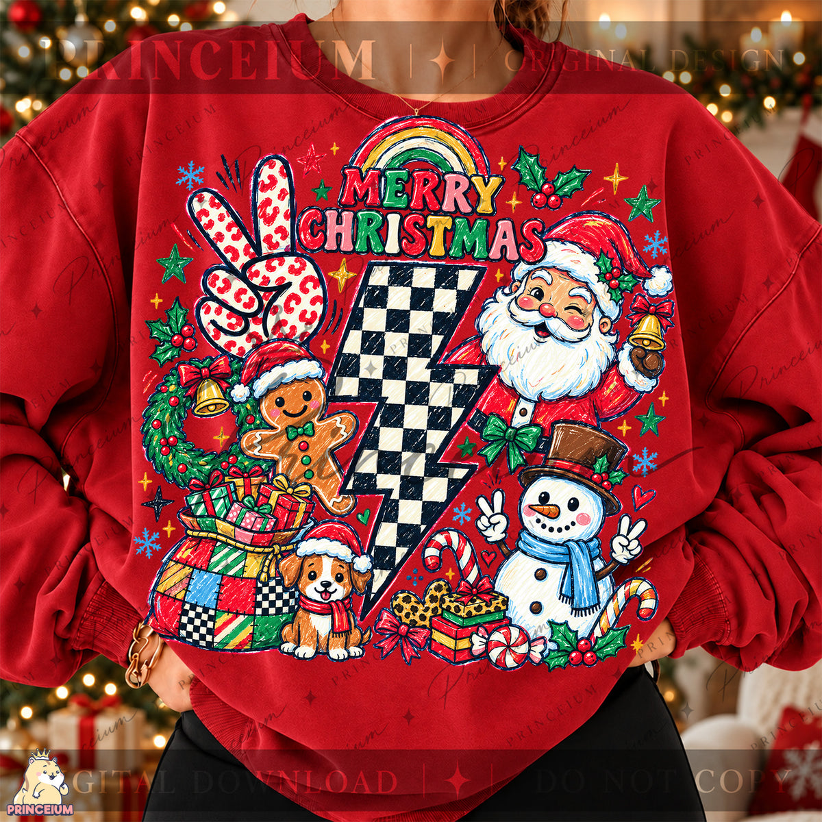 Merry Christmas PNG Santa & Snowman Checkered Lightning Bolt Preppy Holiday Design