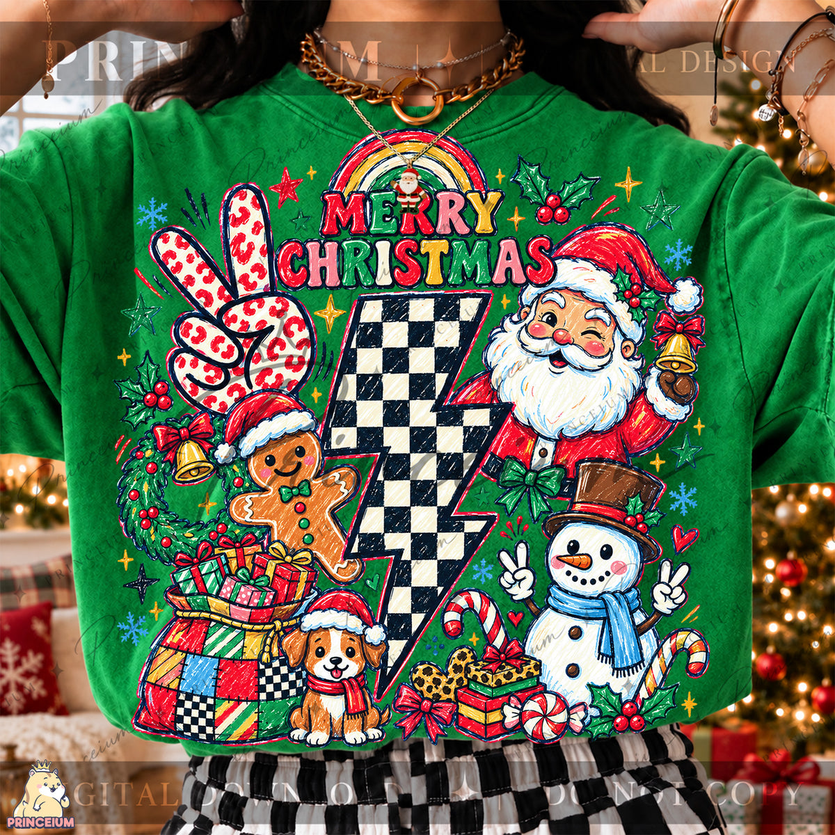 Merry Christmas PNG Santa & Snowman Checkered Lightning Bolt Preppy Holiday Design