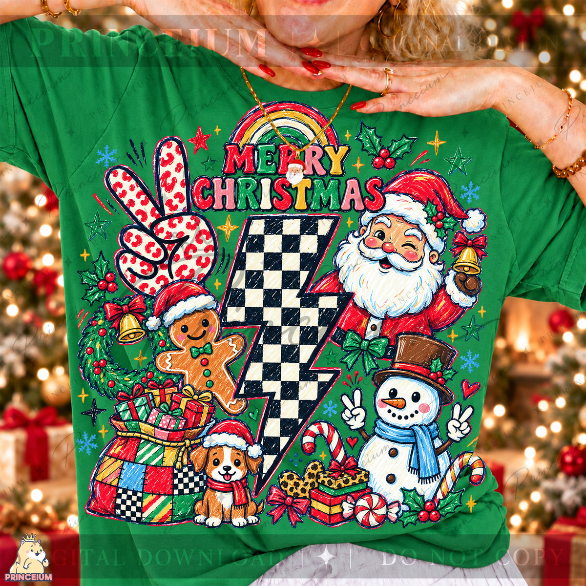 Merry Christmas PNG Santa & Snowman Checkered Lightning Bolt Preppy Holiday Design