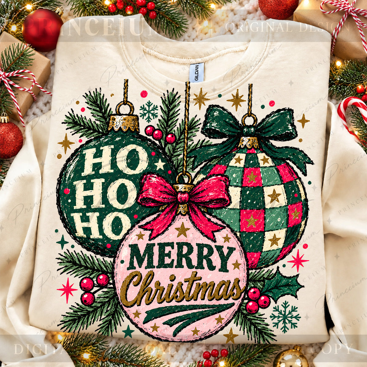 Merry Christmas PNG Checkered Ornaments & Bows Vintage Holiday Design