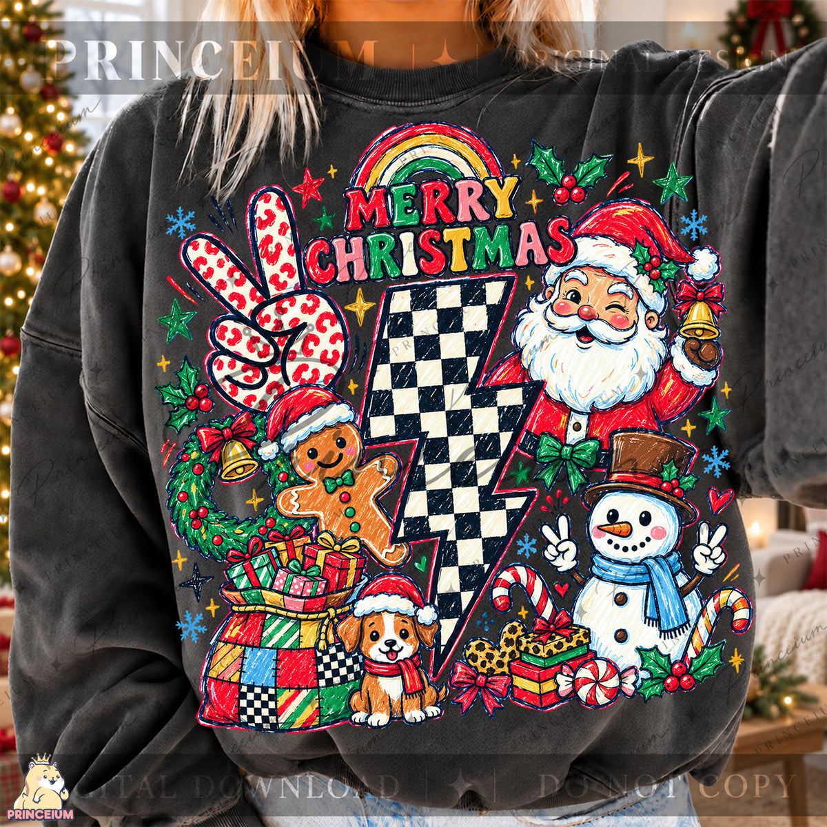 Merry Christmas PNG Santa & Snowman Checkered Lightning Bolt Preppy Holiday Design