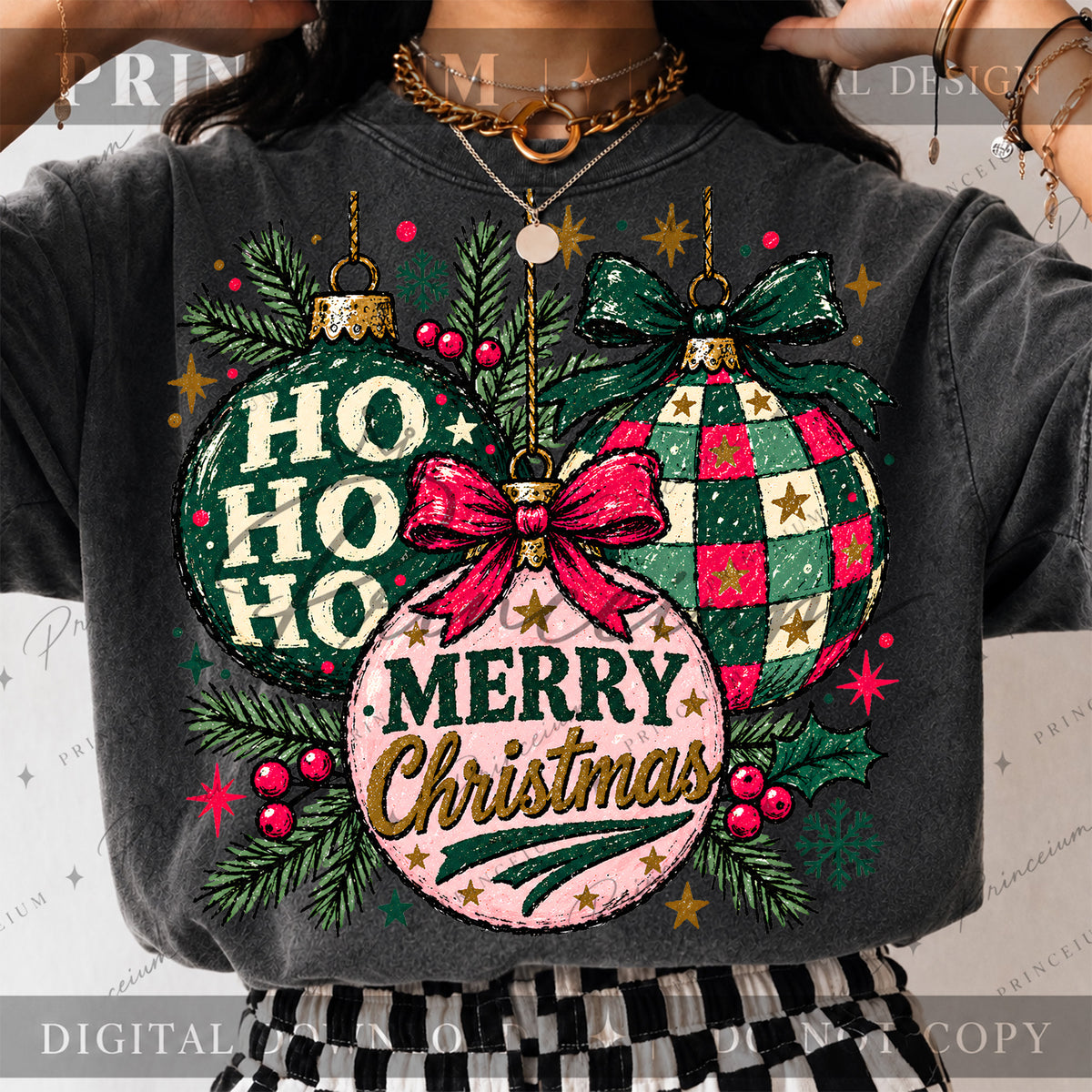 Merry Christmas PNG Checkered Ornaments & Bows Vintage Holiday Design