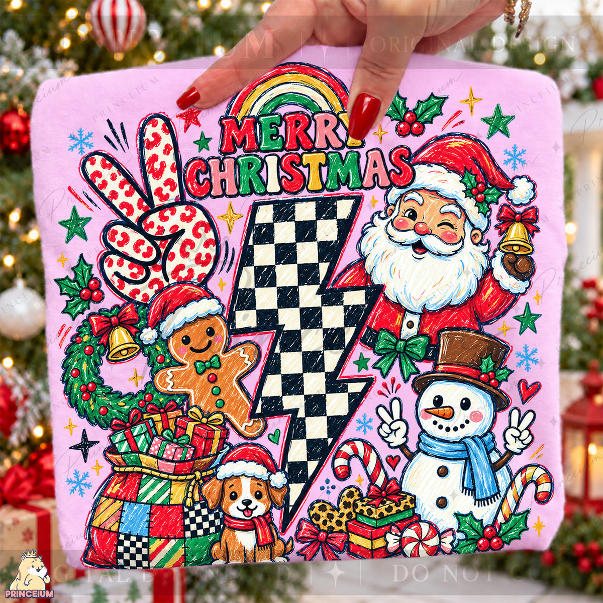 Merry Christmas PNG Santa & Snowman Checkered Lightning Bolt Preppy Holiday Design