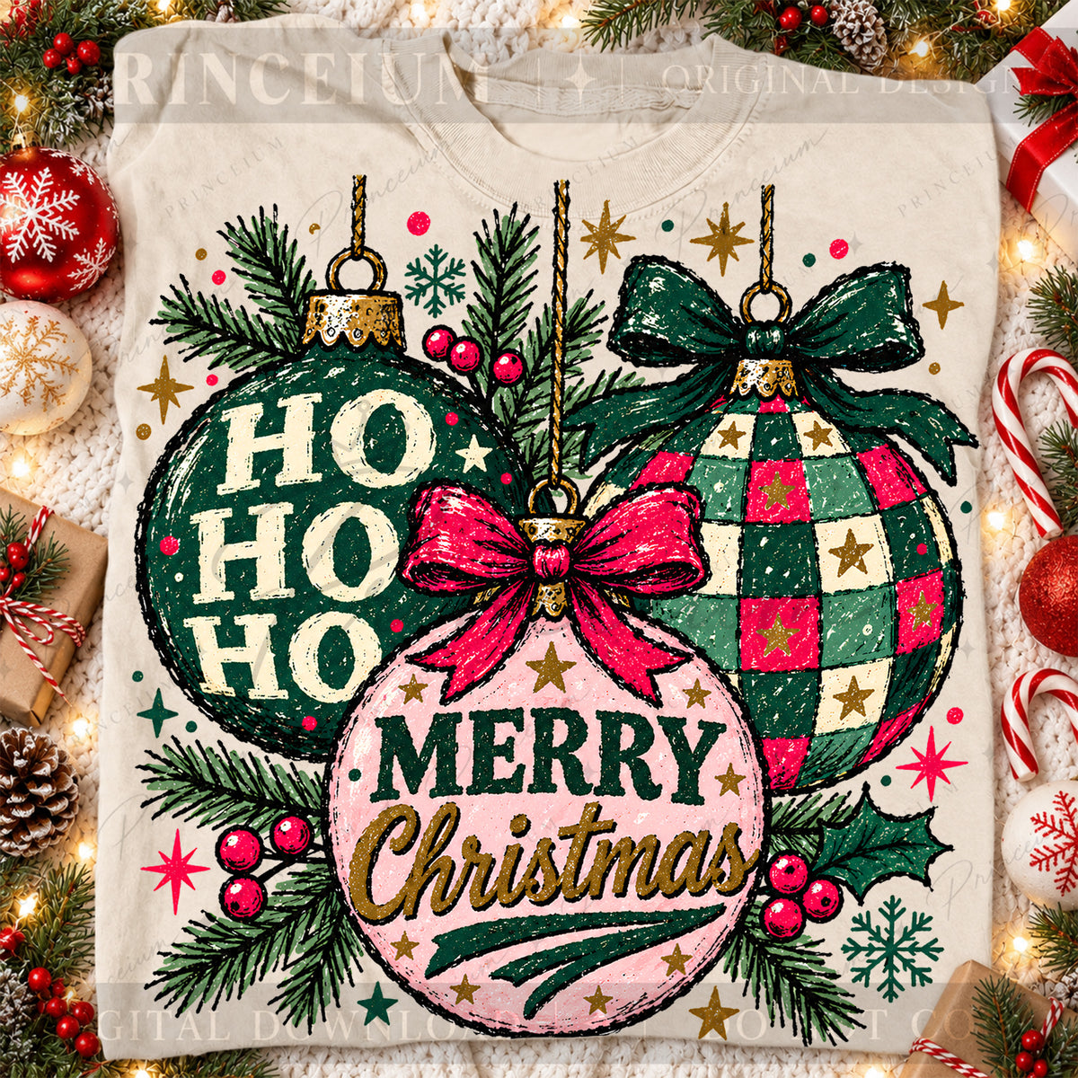 Merry Christmas PNG Checkered Ornaments & Bows Vintage Holiday Design