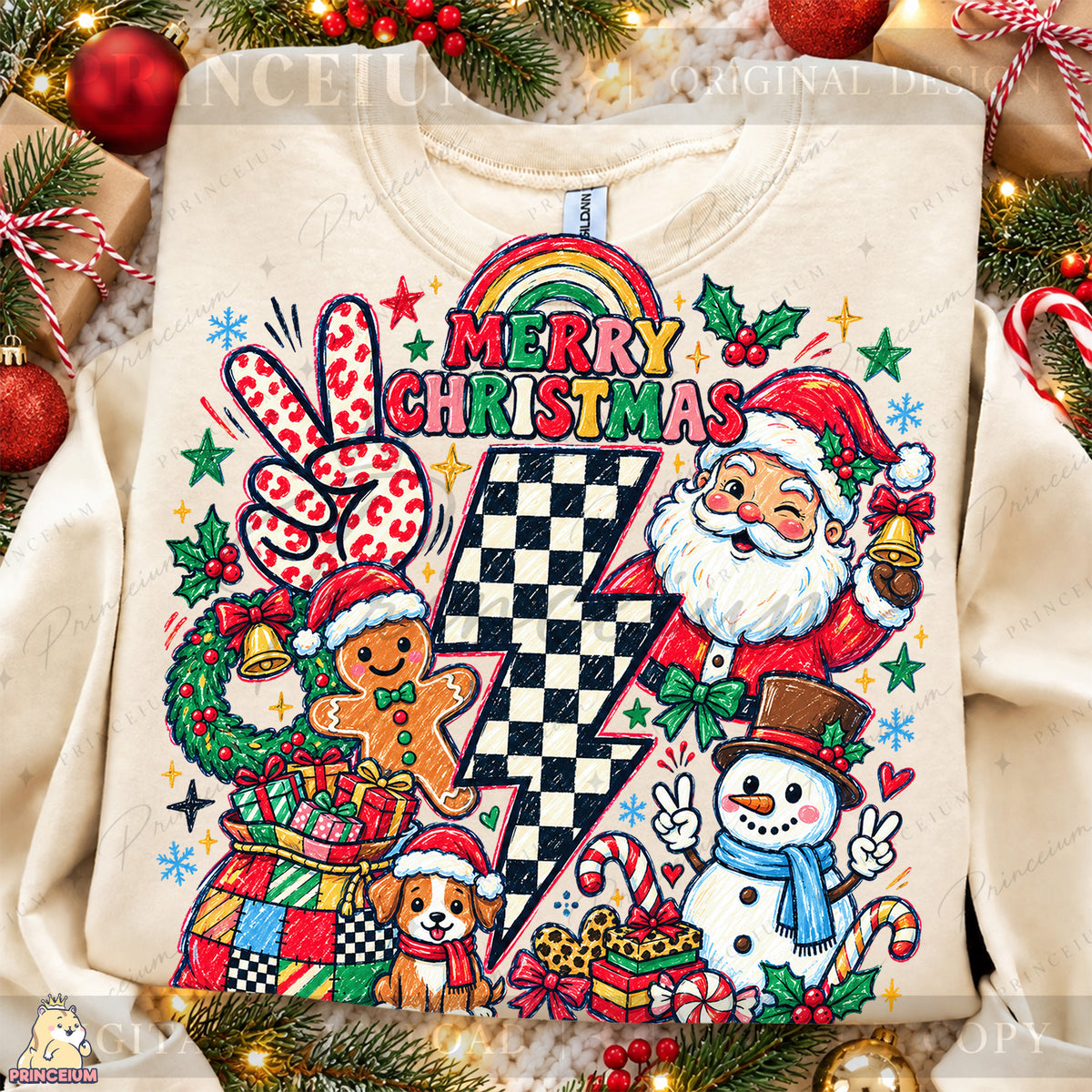 Merry Christmas PNG Santa & Snowman Checkered Lightning Bolt Preppy Holiday Design